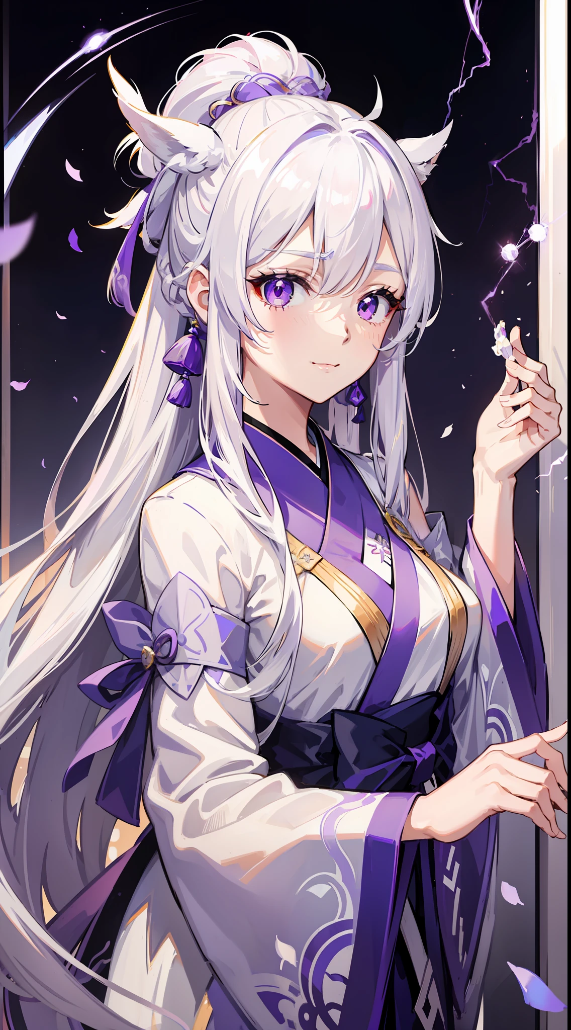 Young girl, long white hair, high ponytail, purple eyes, white hanfu, smirk, ice claws, lightning, masterpiece, high quality