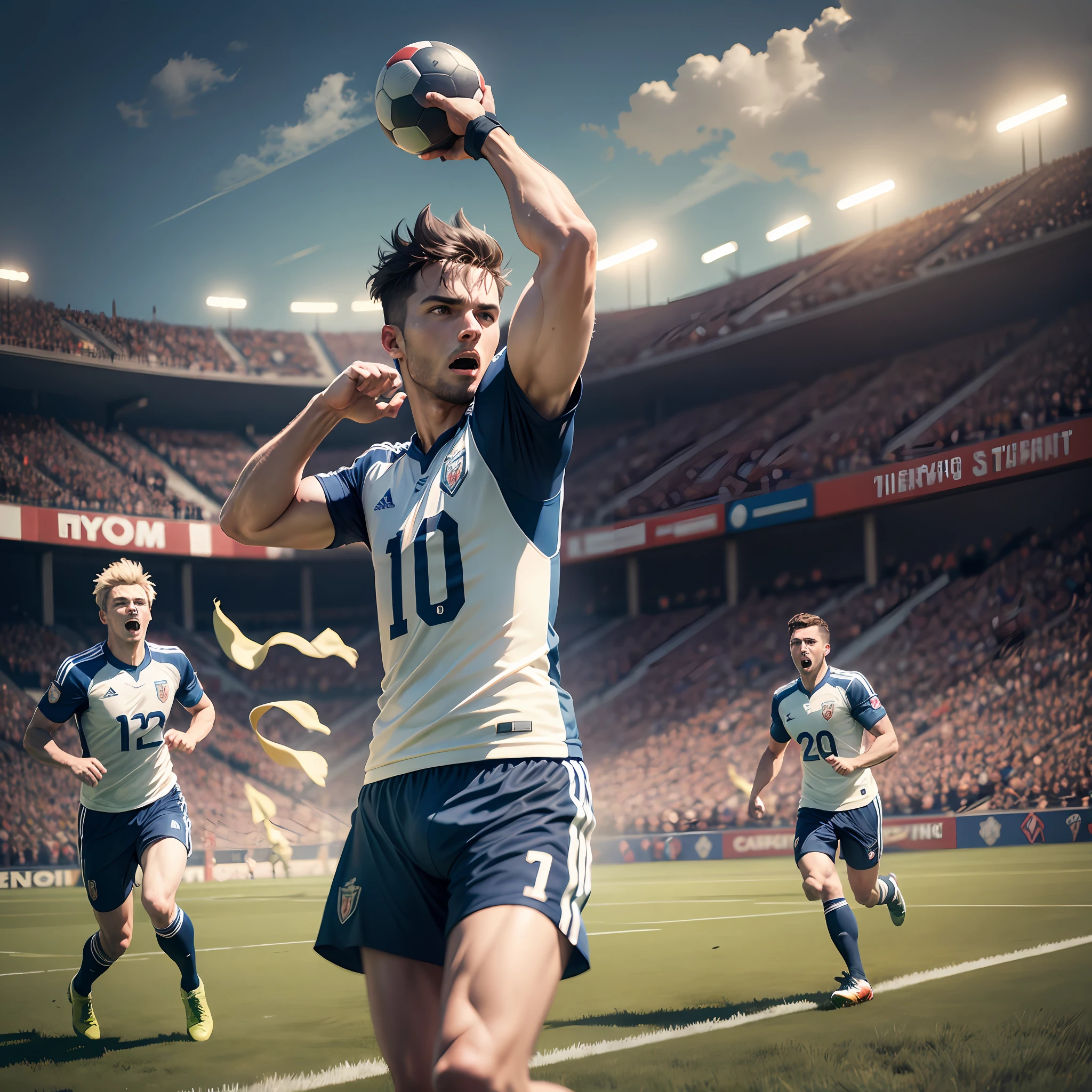 Football match grass players shooting on goal Passing cheers Spectators Flag cheers Tension Energetic, high detail, cinematic lighting, UHD, textured skin, 4K --auto --s2