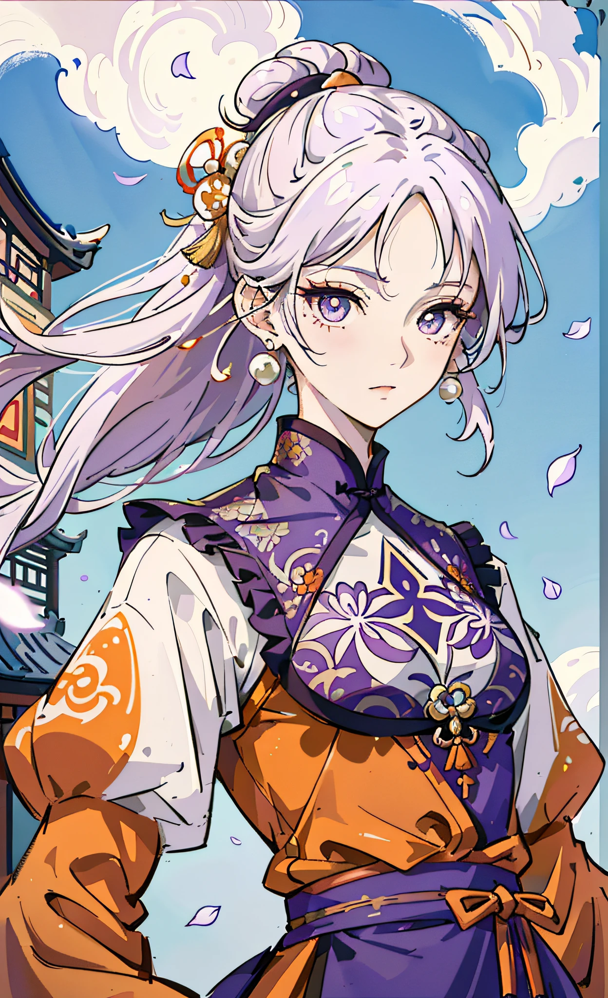 Mature girl, orange pupils, purple-white hair color, floating hair, delicate and flexible eyes, intricate damask hanfu, luxury accessories, wearing pearl earrings, fov, f/1.8, masterpiece, ancient chinese architecture, blue sky, petals flying, portrait shot of front, Chang'e, side light, sunlight illuminating people, 8K