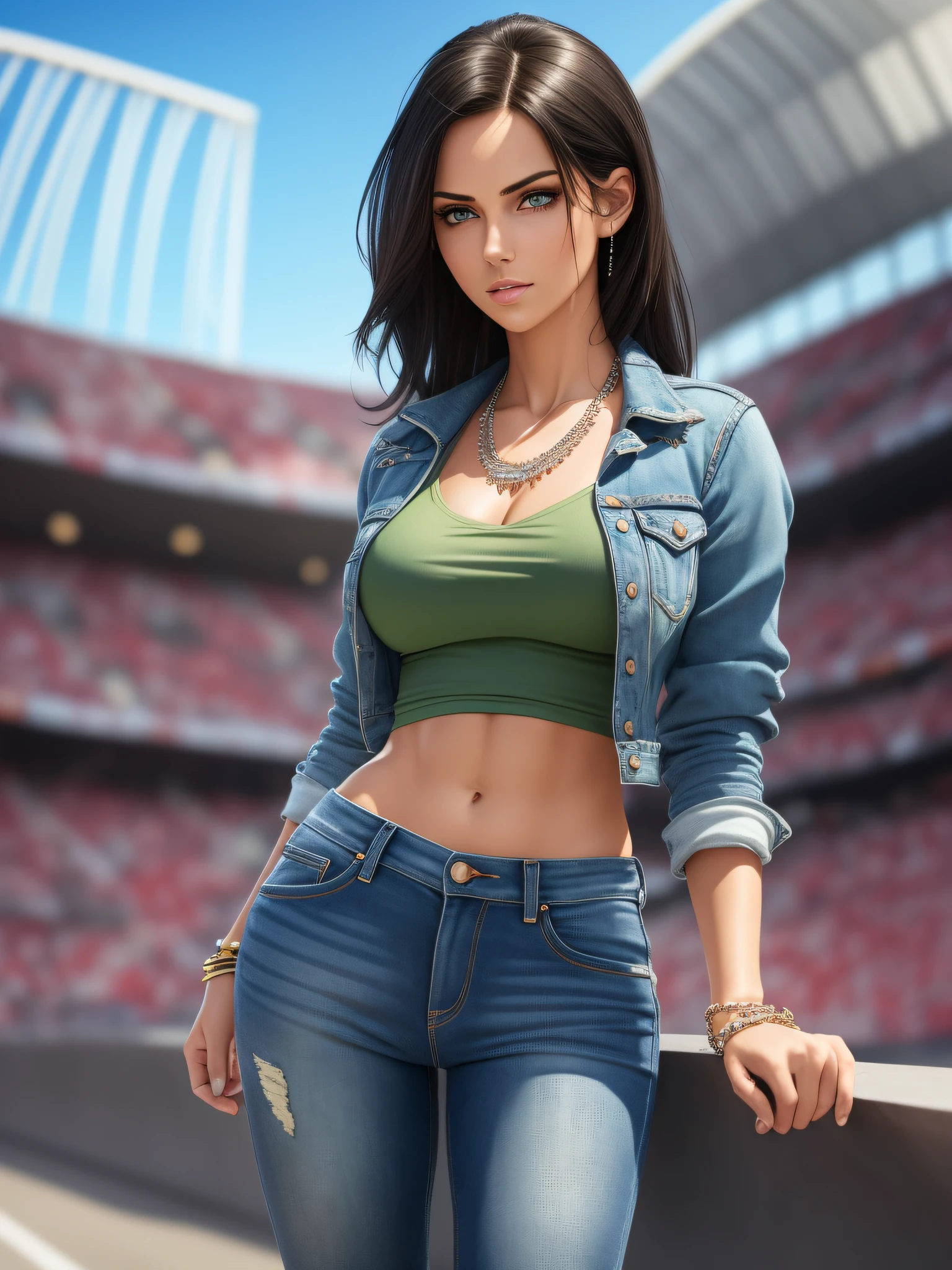 ((realistic:1.5)), ((ultra quality)), ((masterpiece)), ((detailed)), (1girl), beautiful girl, soccer jersey, denim jeans, small chain necklace, studded bracelet, (full body:1.3), face focus, toned muscles, long legs, slim thighs, narrow hips, green eyes, short black hair, small boobs, stadium background, (detailed face, thick parted lips, beautiful eyes, detailed clothes, clear background:1.3), sexy posing, best shadow, bright details, sharp, perfect composition, Intricate, Sharp focus, dramatic, RAW