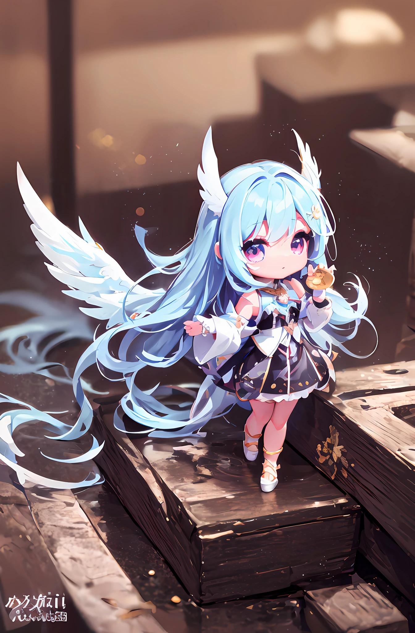 1 Anime Angel Doll, (Chibi: 1.3), 8K high quality detail art, white feathers on back, white long hair, gradient, style as Nendoroid, stylized anime, anime style 4K, cute detailed digital art, Guweiz style artwork, 8K octar rendering photos, advanced digital chibi art, cute 3D rendering, anime style.