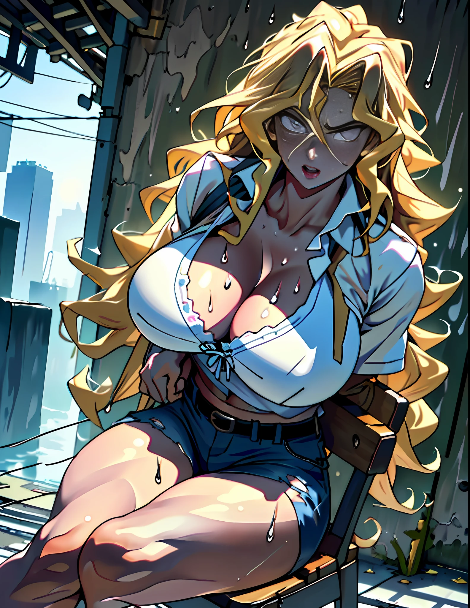 best quality, masterpiece, ultra high res, detailed background, realistic, 1girl, solo, female, muscular, mature female, long hair, blonde, messy style, makeup, sitting on a chair, legs open, showing panties, seductive scene, sticky school clothes, wet breasts, open mouth, serious face, sexy beak, beautiful eyes, well done, pink eyes (kind of violent), erotic expression, school, real shadow and light,  depth of field, huge boobs, torn clothes, torn bra, uderboob, looking at the viewer, strong wind in the face, strong wind in the hair, loose hair, Konosuba, sweaty, wet, sexy, flushed, embarrassed, moaning, (((thick white liquid on the breasts)), (((very sweaty)) ((the body is dripping wet)) ((wet thighs)), ((spreading thighs)), no mistakes, well detailed, extremely well done