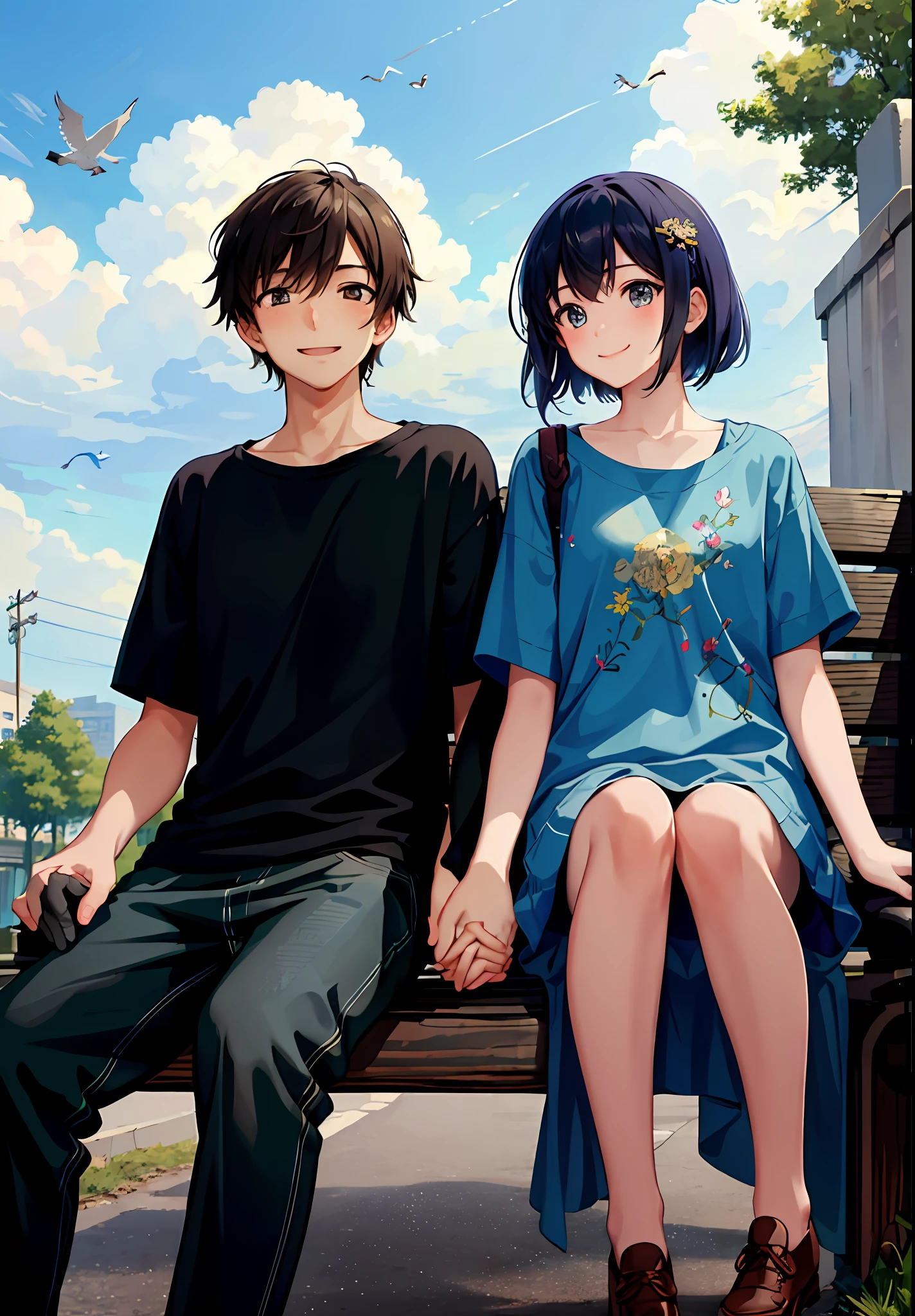 (masterpiece:1.3), best quality, official art, 1girl, 1boy, (cute:1.3), sitting on a park bench, (holding hands), smiling, blushing, (bright), (:D:0.6), sun light, cumulonimbus clouds, birds