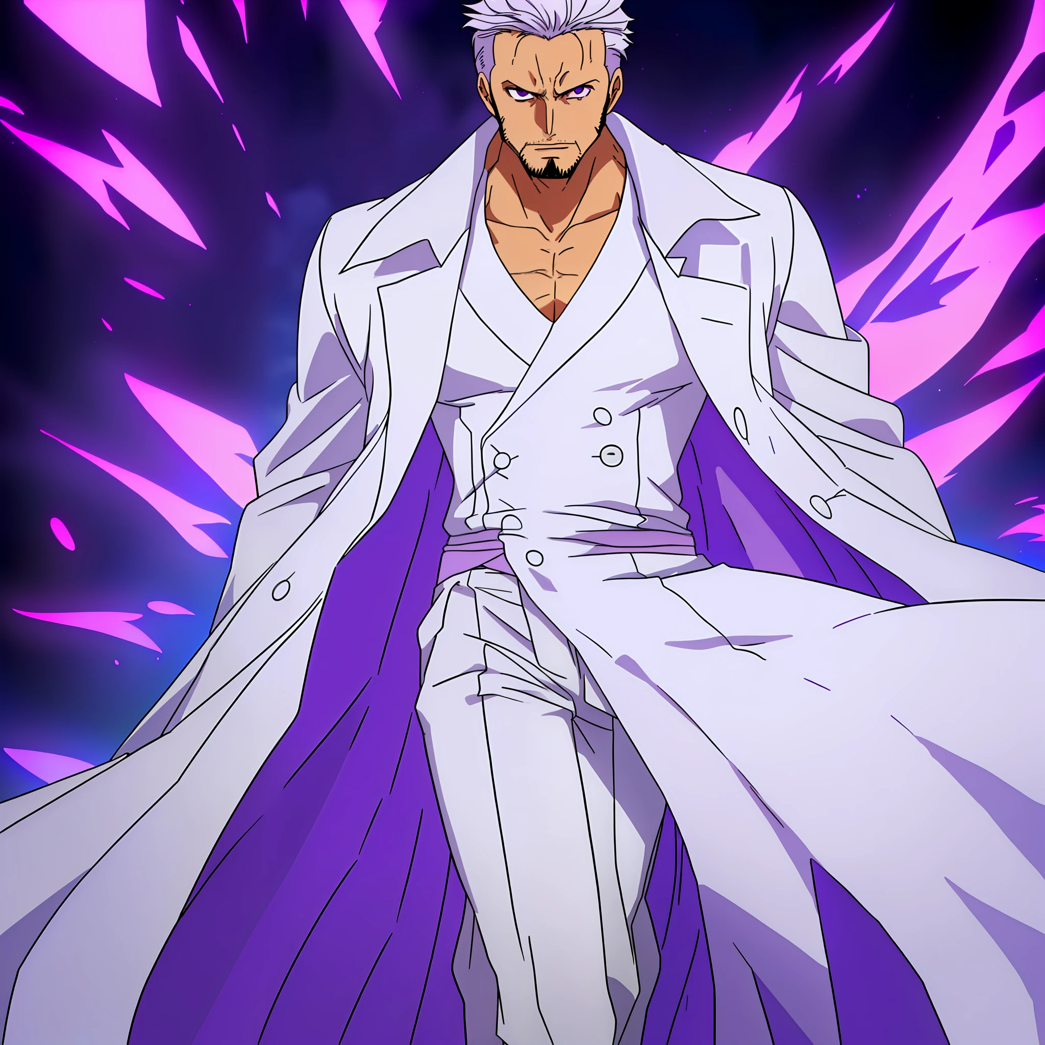A man resembling a leader, possesses deep look with purple eyes, possesses white hair with black strands and a goatee, is thin and tall, wears no upper body clothes, only a white overcoat on his back hanging, wears a cloth with ornammetado details of sky designs on his hip and a white pants