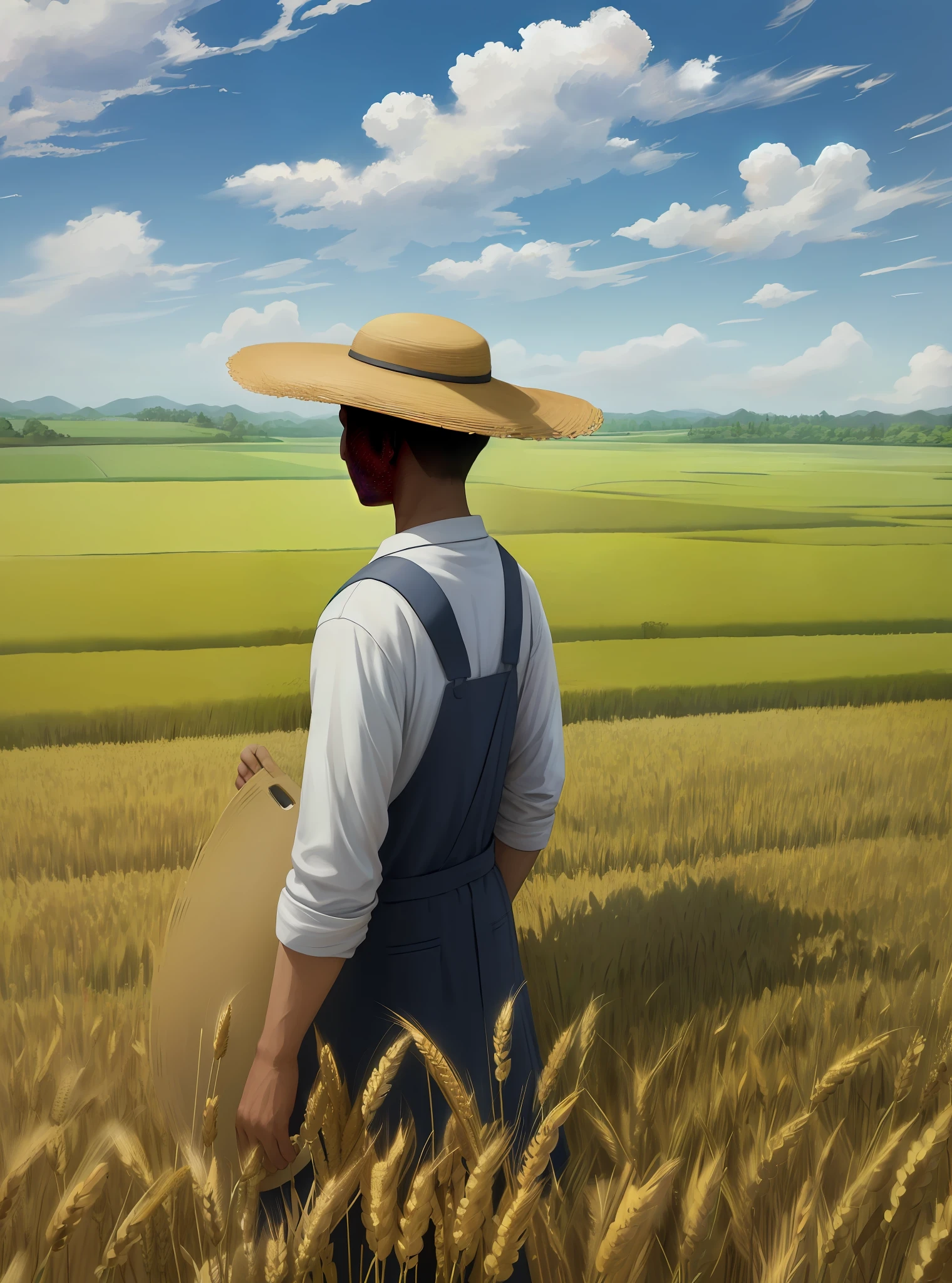 Wheat field, a farmer uncle with a straw hat standing in a wheat field, big clouds, blue sky, rice field, neat rice seedlings in the field, forest, hillside, secluded, rural, HD detail, hyper-detail, cinematic, surrealism, soft light, deep field focus bokeh, ray tracing and surrealism