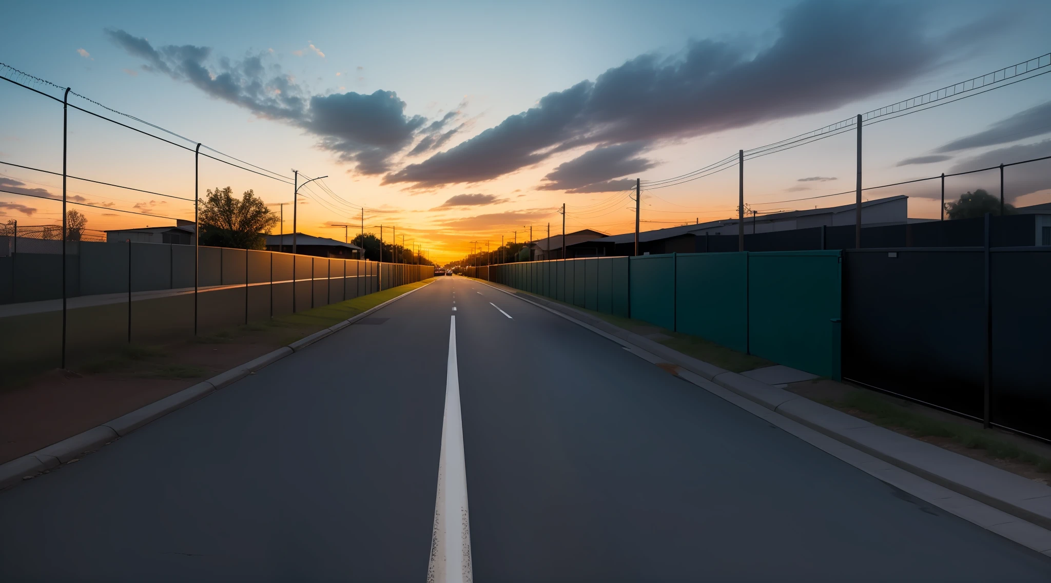 street, wire fences, dark sky, night, dawn