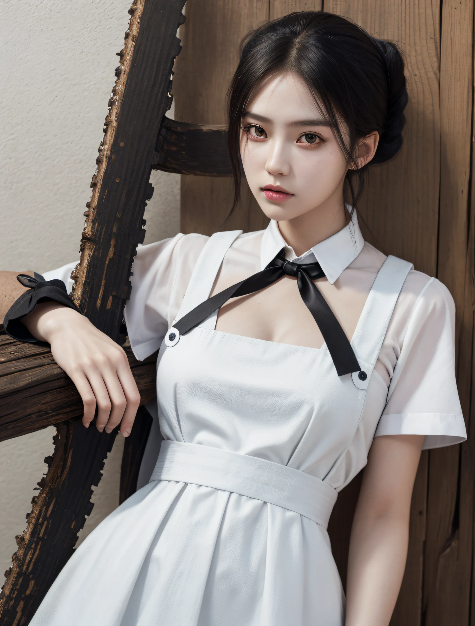 ((masterpiece, best quality)), (1girl), (solo), (female focus), yoru \(chainsaw man\),(very detailed face, real image, realistic white skin, realistic body, intricate details), upper body, focus on face,hair tied, intimidating look, black pinafore dress, shirt, neck ribbon, small breasts