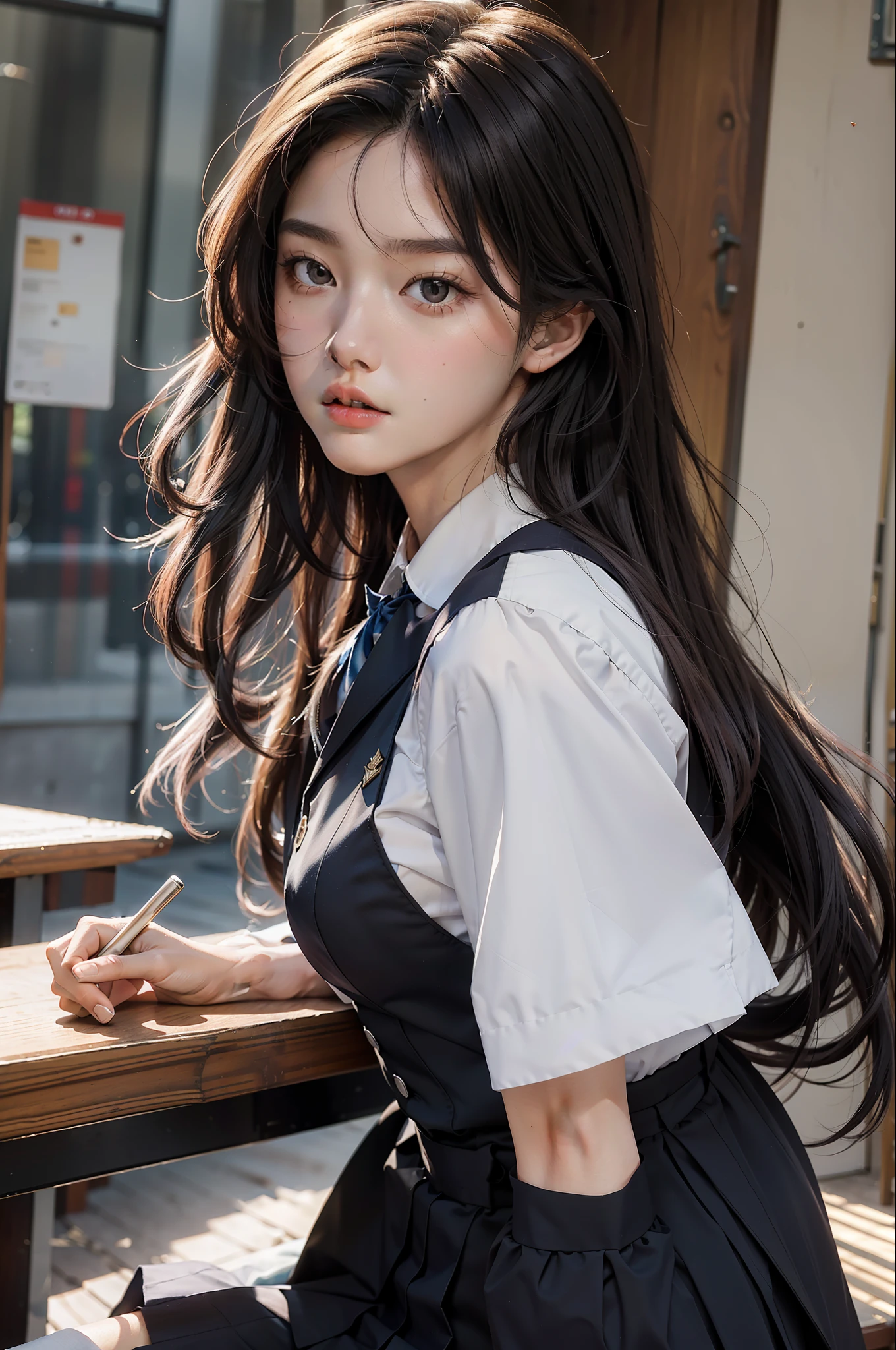 Best quality, masterpiece, super high resolution, (realism: 1.4), original photo, 1girl, handsome, wearing JK school uniform, long hair fluttering,