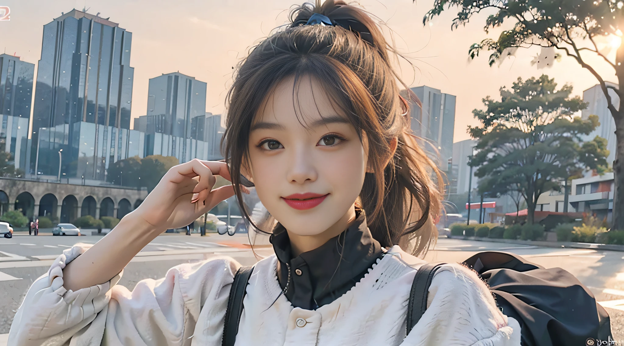 mix4,(8k, RAW photo, best quality, masterpiece:1.2), (realistic, photo-realistic:1.37),((1girl)), aged down, cute, outdoors, day, sunlight, professional lighting, photon mapping, radiosity, physical rendering ,Chinese,((Full body photo: 2, Silver hair: 2, High ponytail: 1.2, Perfect face, Perfect eyes,)), Goddess, smile, arms behind back,