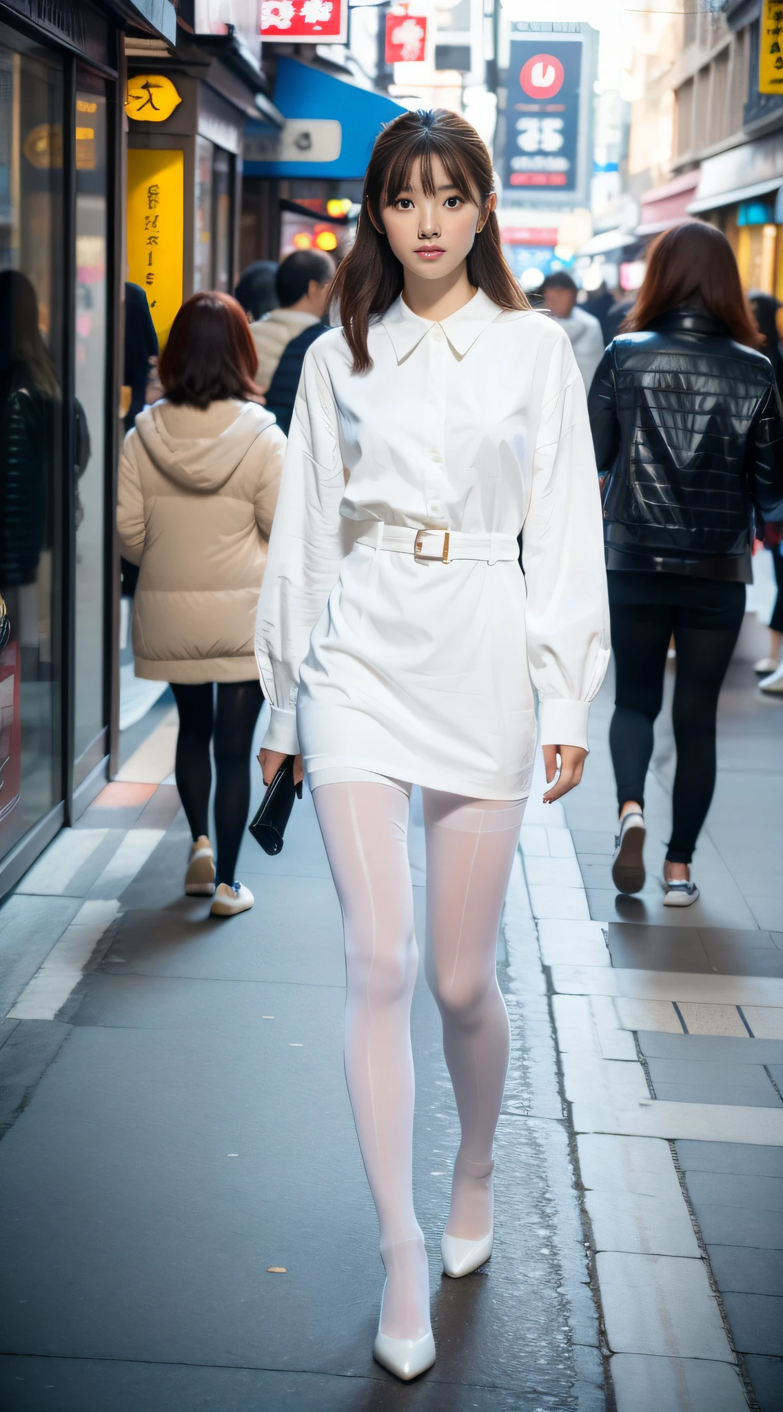 An Asian girl, delicate facial features, vivid eyes, tall figure, masterpiece, 8K, RAW, professional photography, (Authenticity: 1.4), Look away, white shirt, dress, OL, (pantyhose with Asian skin tone: 1.4), beautiful legs, soft light, reduced highlights, full body view, side shot, medium and long range, walking on a pedestrian street