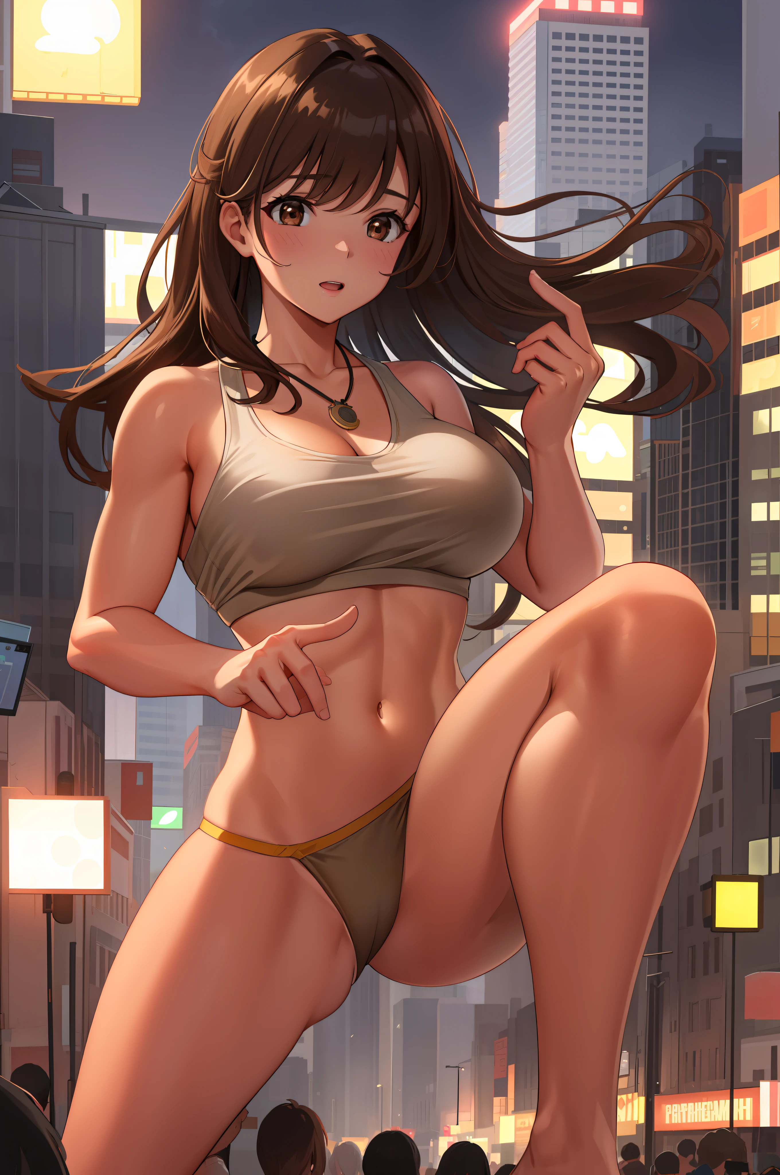 best quality, photorealistic, 8k, high res, 1girl, ager,(skindentation), (large breast), (professional lighting, bokeh), (people, crowd), (city), (night), (brown hair), (brown eyes), (blouse), (silver necklace), (portrait), gorgeous, bloom, (floating hair), (dynamic pose), soft lighting, GTS, Looming, rampage, stepping, pov, tan skin, athletic build, barefoot