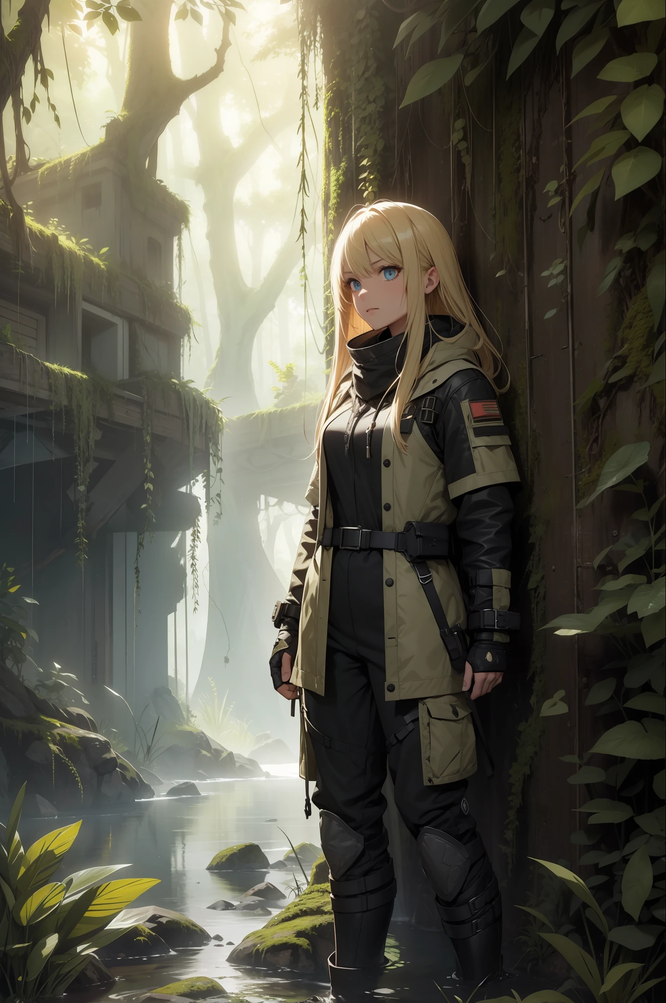 HDR, raytracing, radiosity, RTX, 16K, Best quality, masterpiece, highly detailed, intricate, 1girl, solo, cool, edgy, tall, mature, long blonde hair, expedition gear,expedition outfit, modern adventurer, ruin expedition, mysterious tomb, jungle, trees, moss, roots, shallow water, tyndall effect, beautiful, mysterious, enthusiastic
