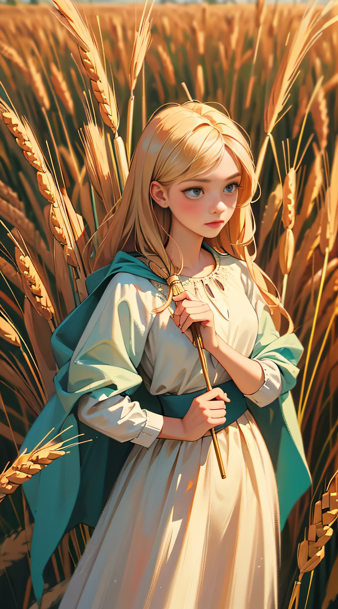 Masterpiece, best quality, 1 girl, maiden in the wheat, super detailed, super HD, high quality, highest quality, 32k