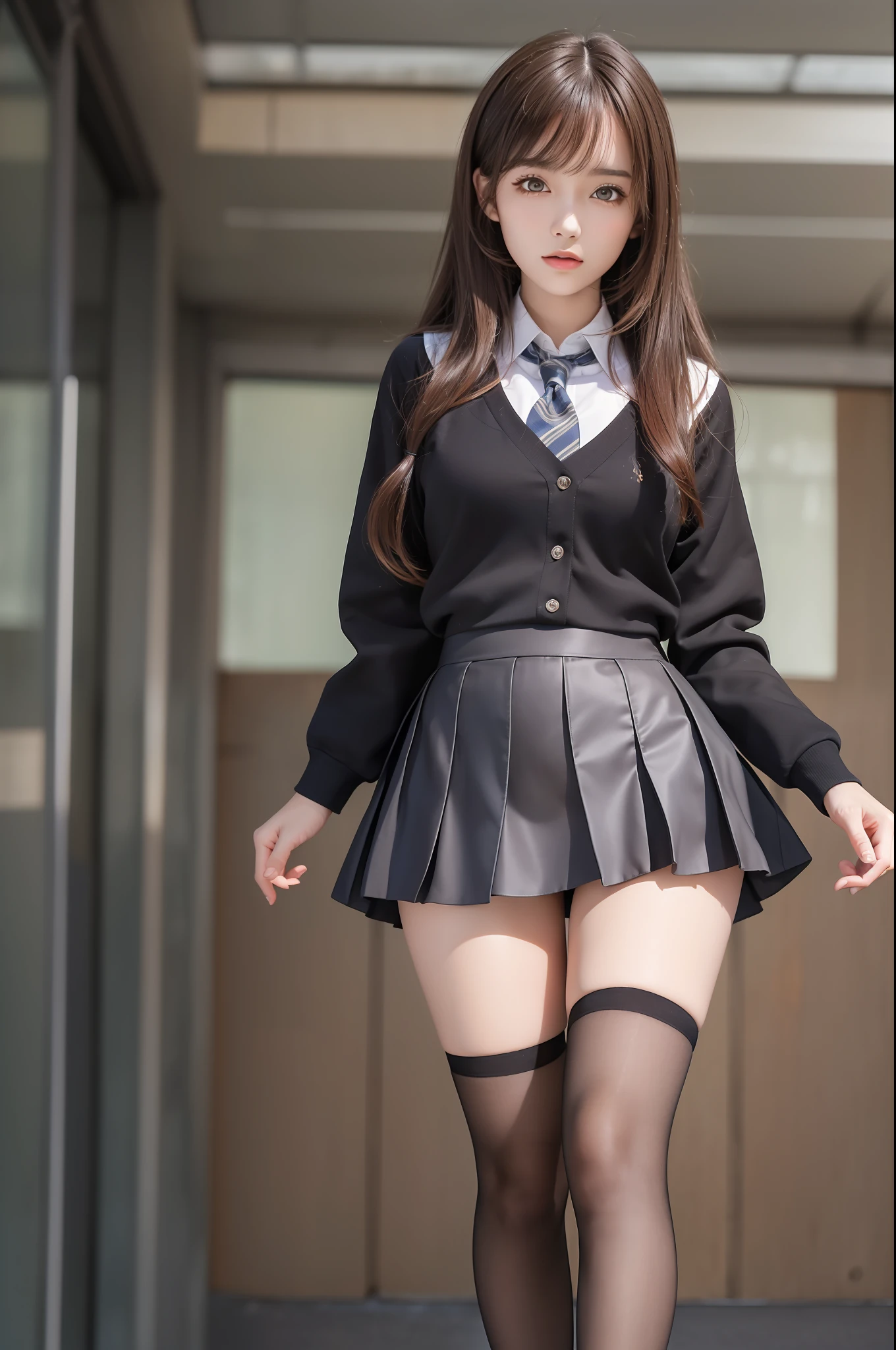 Pretty girl standing, thin legs, high heels on the ground, classroom, (masterpiece:1.3), (8k, photorealistic, RAW photo, best quality: 1.4), (1girl), beautiful face, (realistic face), brown hair, long hair, beautiful hairstyle, realistic eyes, beautiful detailed eyes, realistic skin, beautiful skin, Super high resolution, super realistic, very detailed, golden ratio, cute, cute schoolgirl, high school girl in jk uniform, surreal high school girl, short skirt, tight skirt, pantyhose, black stockings, full body view, thin arms, big breasts