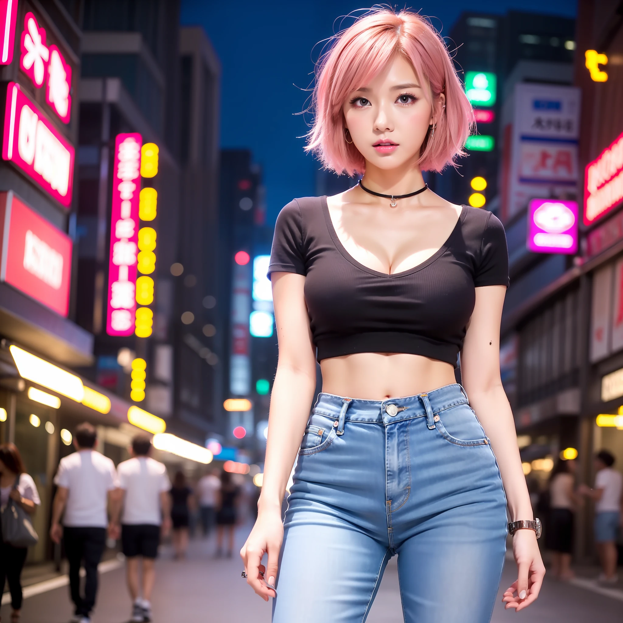 1girl, Solo, Best quality, Cute Japan woman pictures, 20 years old, Japan women, Gal, Idol, (Gal makeup),(Heavy makeup) Short haircut, Pink hair, Slender, Big bust, Wine red sexy bra, (tanned skin), Cool gaze, Cleavage,Colorful T-shirt,Short denim pants, Bustling city at night, Brown eyes, Strong-minded,casual look, street fashion, trendy accessories, camera facing, urban background, neon lights, vivacious personality,full body shot, relaxed posture, standing outdoors, nightlife scene, energetic。