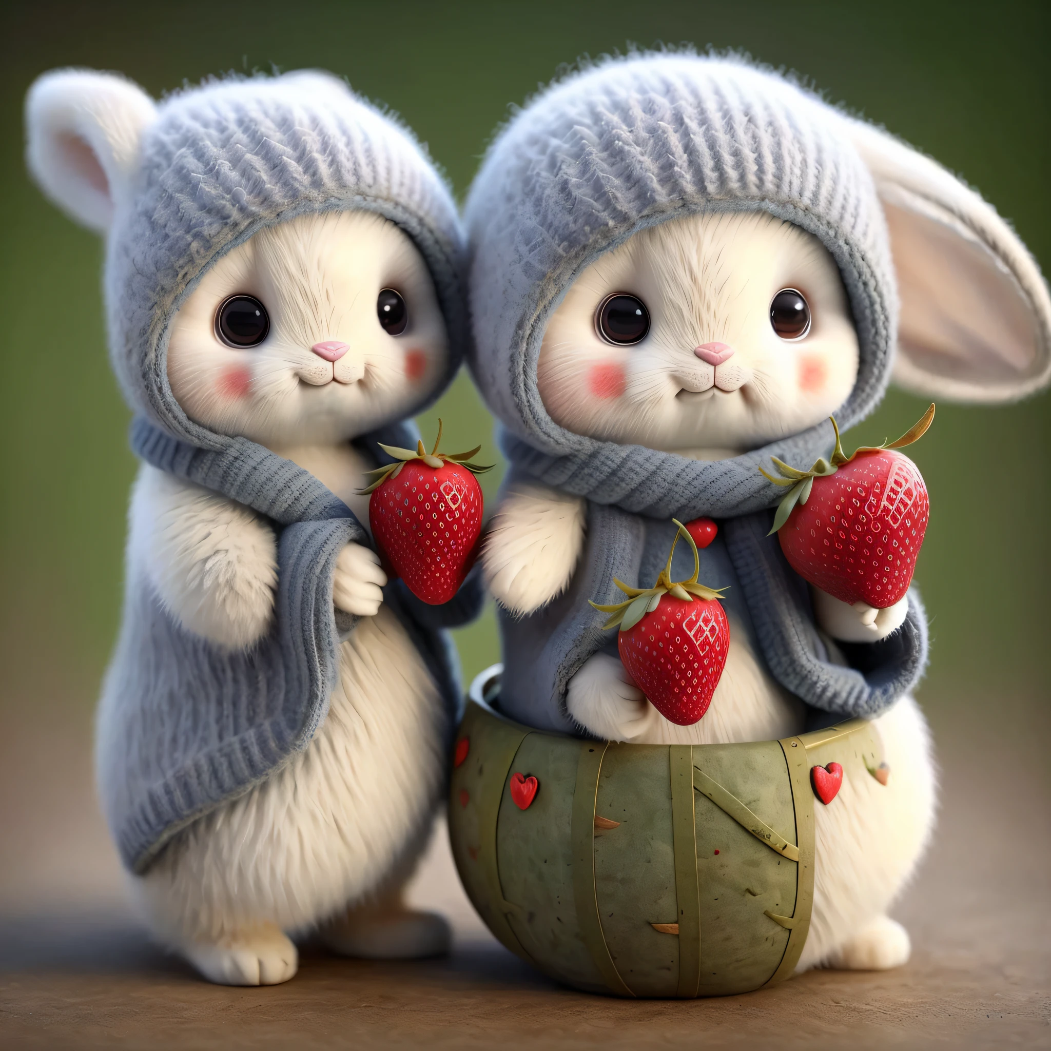 :3. Rabbit, realistic, hairy, clothed animal, apple, bear, teak, cherry, food, fruit, full body, hat, non-human, strawberry, tomato, watermelon
