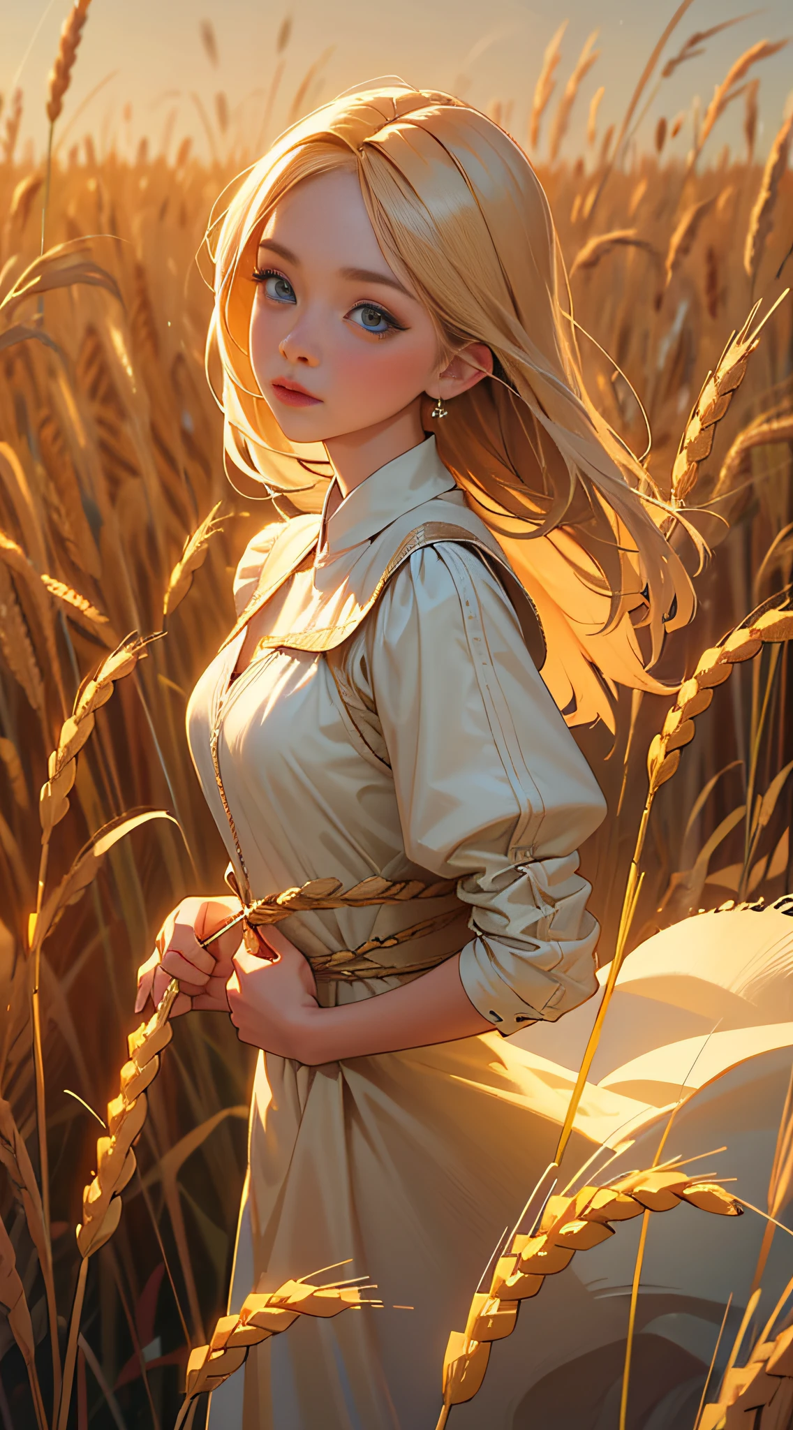 Masterpiece, best quality, 1 girl, maiden in the wheat, super detailed, super HD, high quality, highest quality, 32k