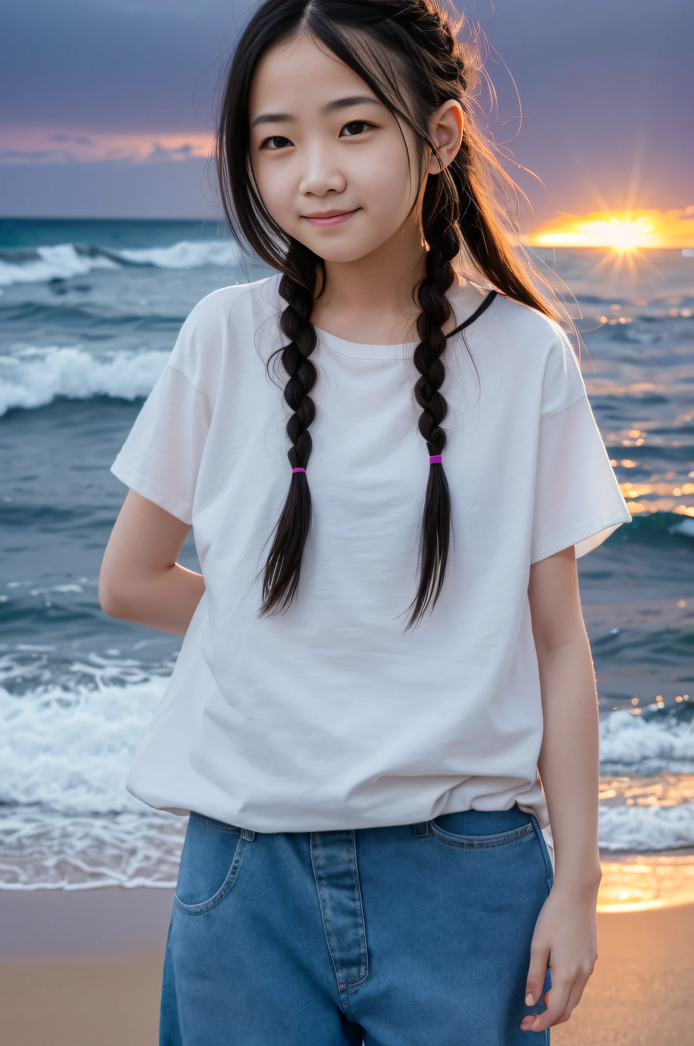 (Facial Focus), (1 Girl, Female, Woman, Solo, Pale Skin, Casual Fashion, Kawaii), (Long Hair, Single Braided Hair, Black Hair, Cute Face, Light Smile), (By the Sea), Milky Way, Sunset,