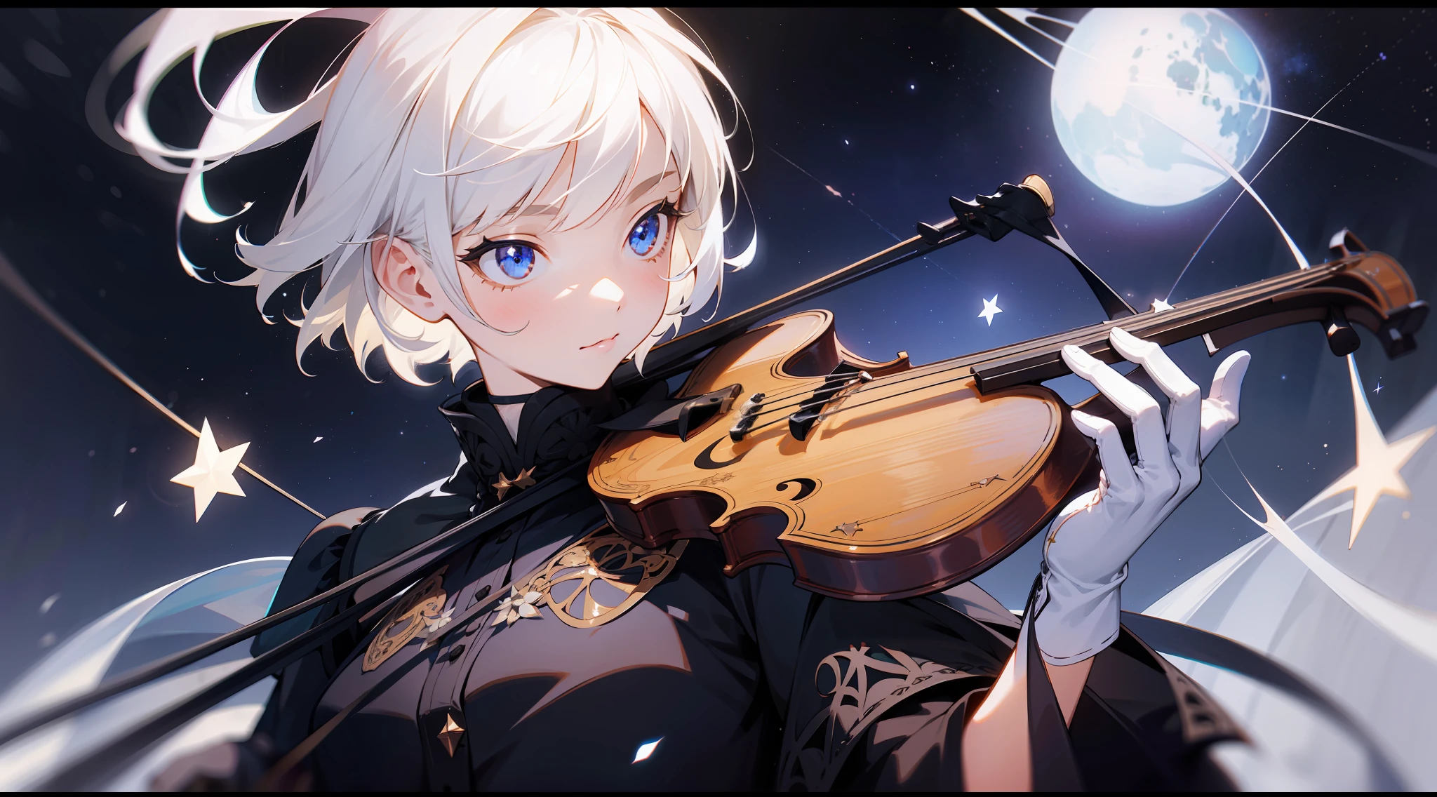 Girl, short white hair, black skirt, black gloves, violin playing, bright eyes, facing the camera, stars, delicate facial features, front lighting, 3D, extremely delicate illustrations, intricate and meticulous details, extremely high quality