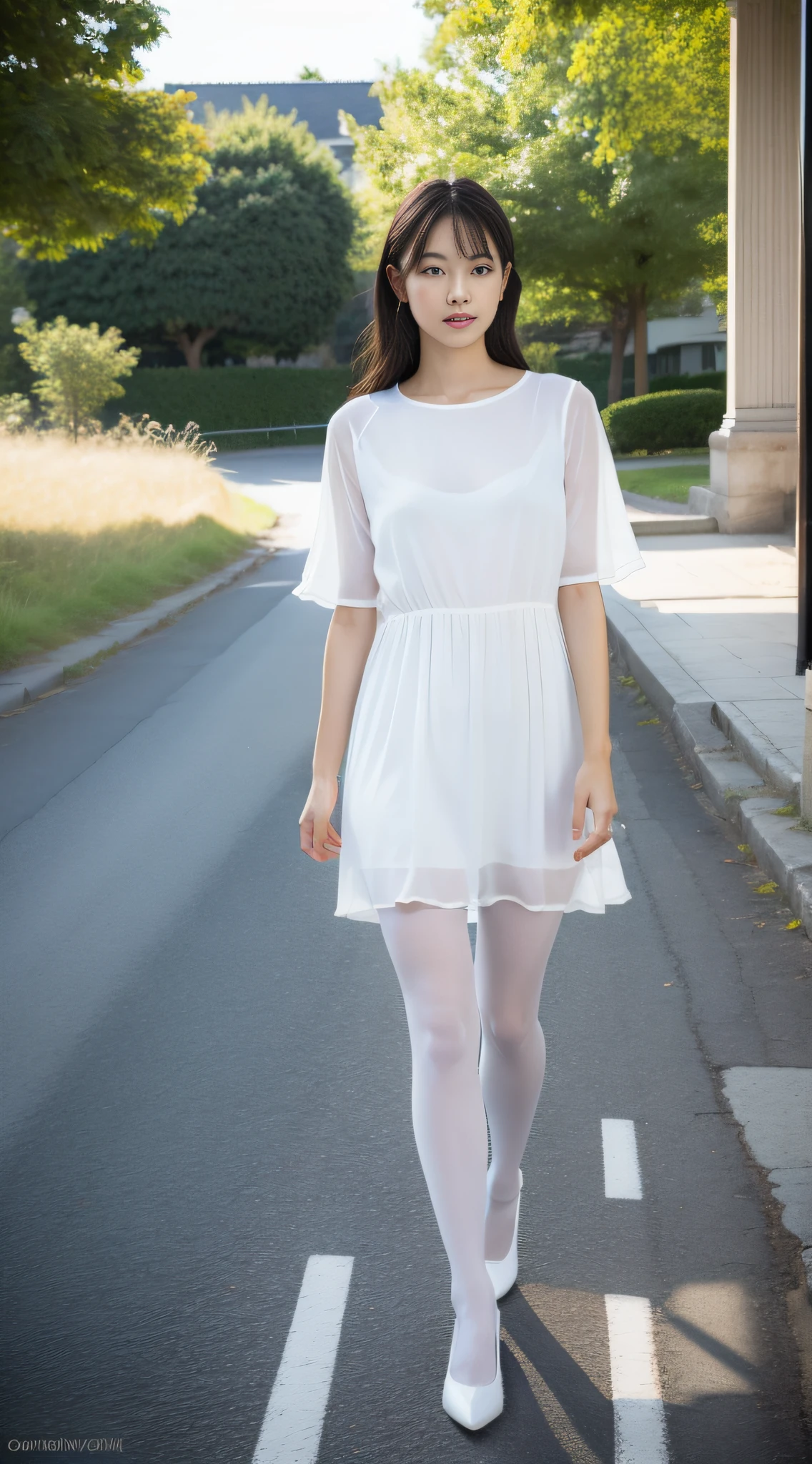 An Asian girl, delicate facial features, vivid eyes, tall figure, masterpiece, 8K, RAW, professional photography, (Authenticity: 1.4), Look away, white shirt, dress, OL, (pantyhose for Asian skin tone: 1.4), beautiful legs, soft light, reduced highlights, full body view, side shot, medium and long range, walking on the road