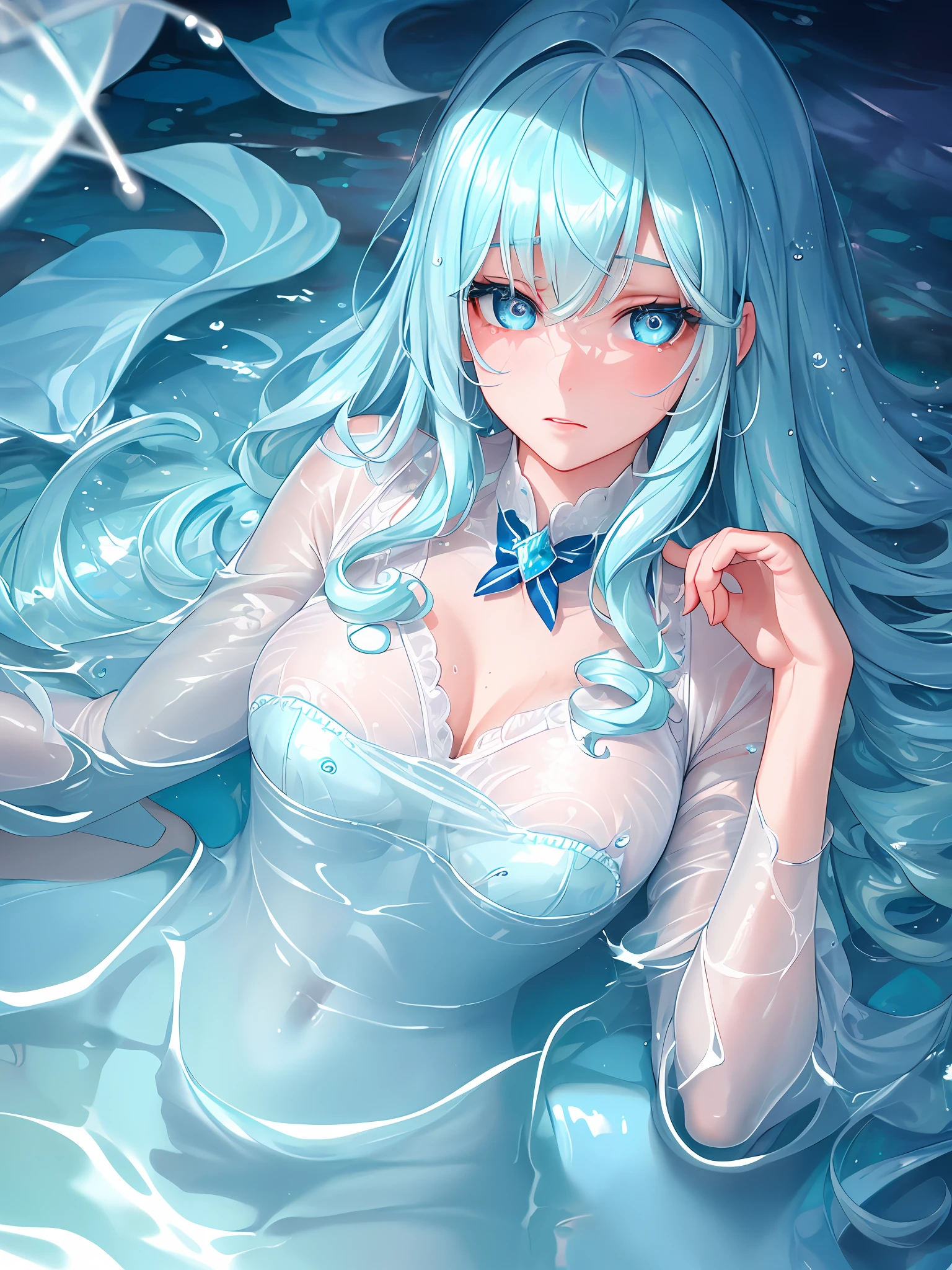 best quality, high detailed, Faint lips,UC:realistic, cinematic lighting petite 1girl aqua hair starry print eyes, seductive pupils sparkling school_Uniform, face to tiptoe , Gaslight, glare, window light, perfect darkness, perfect shadow, wet:1.6 water drop ((beautiful detailed lighting)),lying_on_water (from above), ((an extremely delicate and beautiful)) detailed wet clothes, blank stare, overexplosure, floating, (beautiful detailed eyes) gold right eyes, aqua left eyes ((expressionless)), extremely beautiful detailed water, ((lying on the lake)), ((hairs curling in the water)), ((blue:green:0.5) water) (clear background:1.3) shark swirl