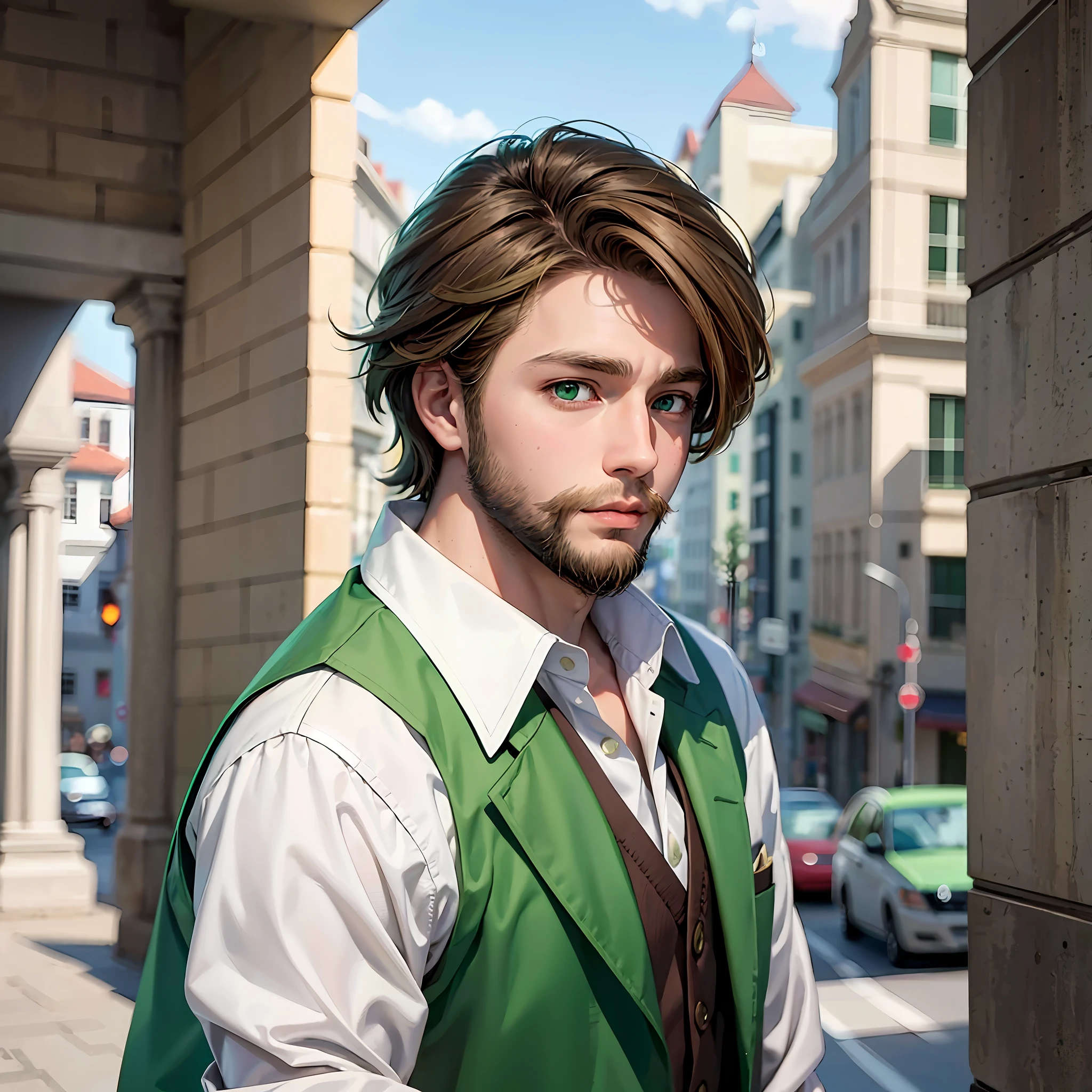 Superior quality, anime style, anime image, man (light brown hair, green colored eyes, white skin, with beard), only face, wearing high school clothes. --auto --s2