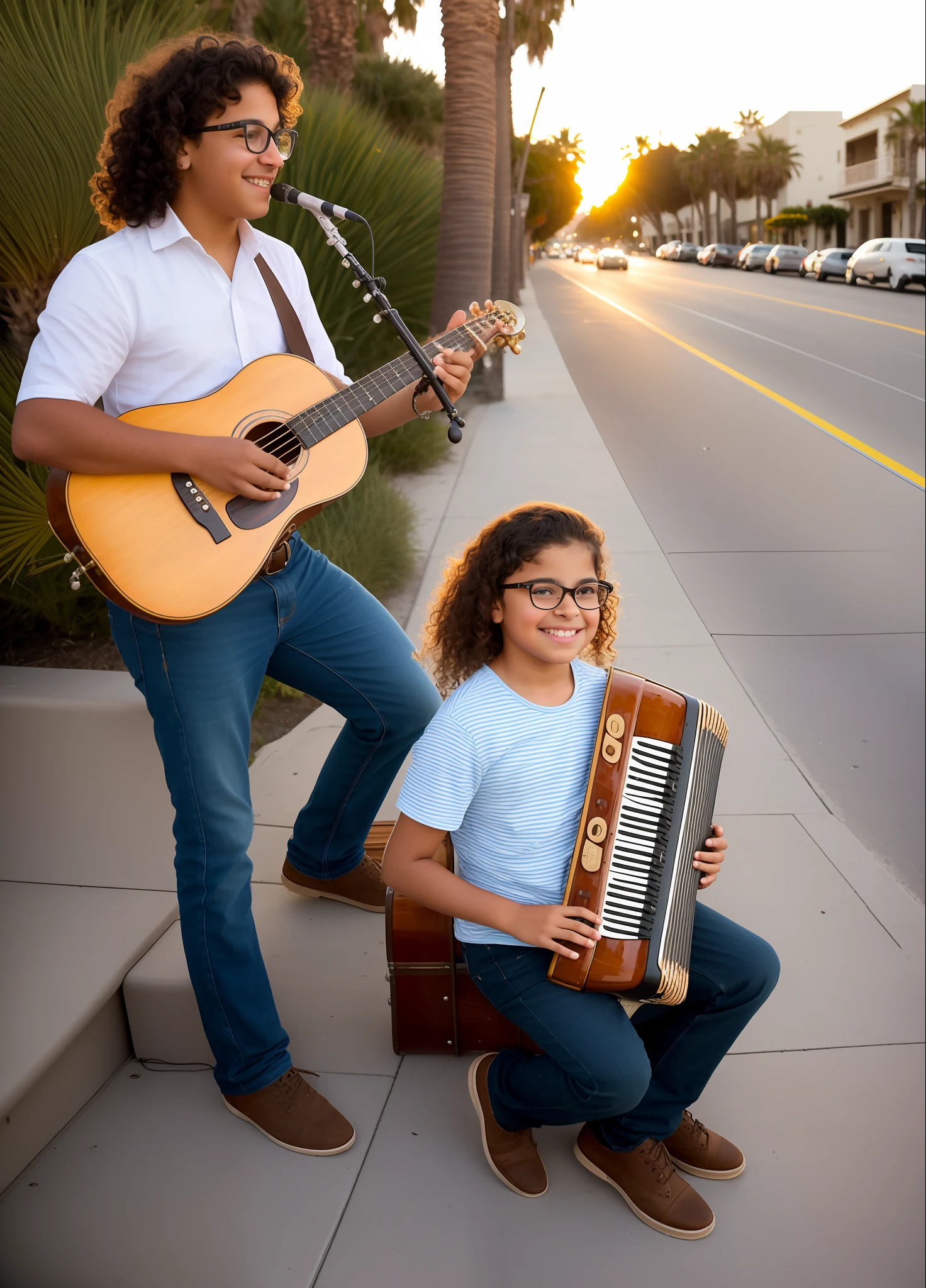 photography, mexican young woman, brown eyes with glasses, long brown and curly hair, playing piano, an american young man playing accordion near to the piano, young man straight brown and short hair, brown eyes with glasses, smiling faces, in Santa Cruz California, in the streets near to the beach, summer time solstice, palm trees,  young daughter, one man playing sax next to the accordion man, sunset