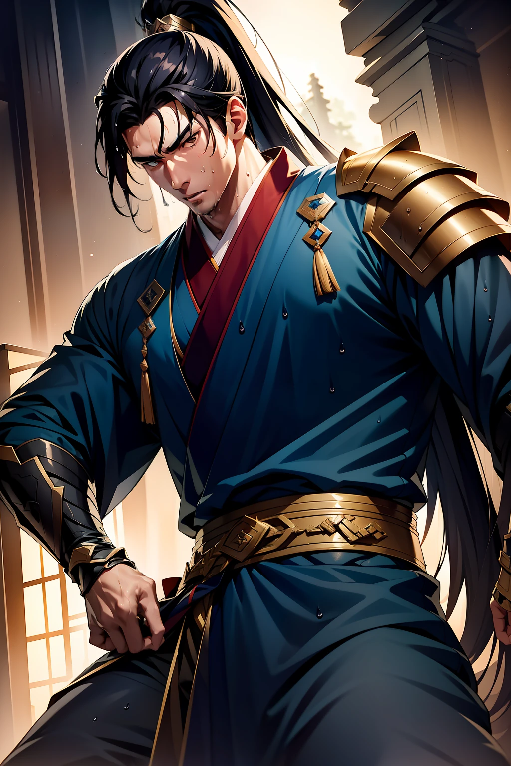 Two-dimensional, anime style, man (male warrior), muscle, correct proportions, face details, martial arts, high ponytail hairstyle, sweating, sweaty face, drooling, neck details, with Adam's apple, wet, wet, Hanfu costume, long robe, embroidered robe, dragon robe, clothing details, collar, long sleeves, game quality, swordsman demeanor, light and shadow tracing, ray tracing, detail glow, CG rendering, hair details, long black hair, golden eyes, sweaty face, handsome, handsome, sweat beads slipping down the neck, (juvenile feeling), complex clothing, wet, wet, perfect composition, refinement, high quality, more details, a lot of details, complex background, atmosphere,