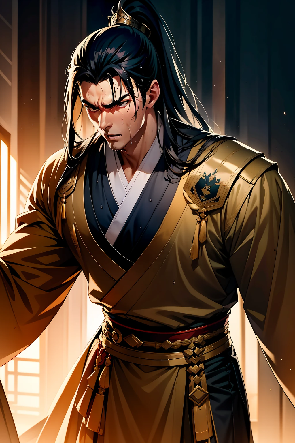 Two-dimensional, anime style, man (male warrior), muscle, correct proportions, face details, martial arts, high ponytail hairstyle, sweating, sweaty face, drooling, neck details, with Adam's apple, wet, wet, Hanfu costume, long robe, embroidered robe, dragon robe, clothing details, collar, long sleeves, game quality, swordsman demeanor, light and shadow tracing, ray tracing, detail glow, CG rendering, hair details, long black hair, golden eyes, sweaty face, handsome, handsome, sweat beads slipping down the neck, (juvenile feeling), complex clothing, wet, wet, perfect composition, refinement, high quality, more details, a lot of details, complex background, atmosphere,