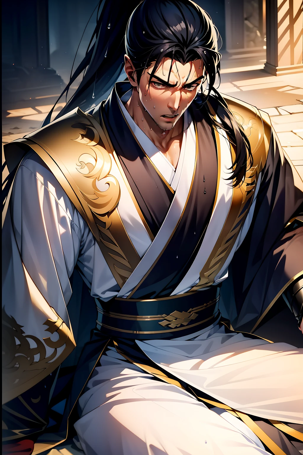Two-dimensional, anime style, man (male warrior), muscle, correct proportions, face details, martial arts, high ponytail hairstyle, sweating, sweaty face, drooling, neck details, with Adam's apple, wet, wet, Hanfu costume, long robe, embroidered robe, dragon robe, clothing details, collar, long sleeves, game quality, swordsman demeanor, light and shadow tracing, ray tracing, detail glow, CG rendering, hair details, long black hair, golden eyes, sweaty face, handsome, handsome, sweat beads slipping down the neck, (juvenile feeling), complex clothing, wet, wet, perfect composition, refinement, high quality, more details, a lot of details, complex background, atmosphere,