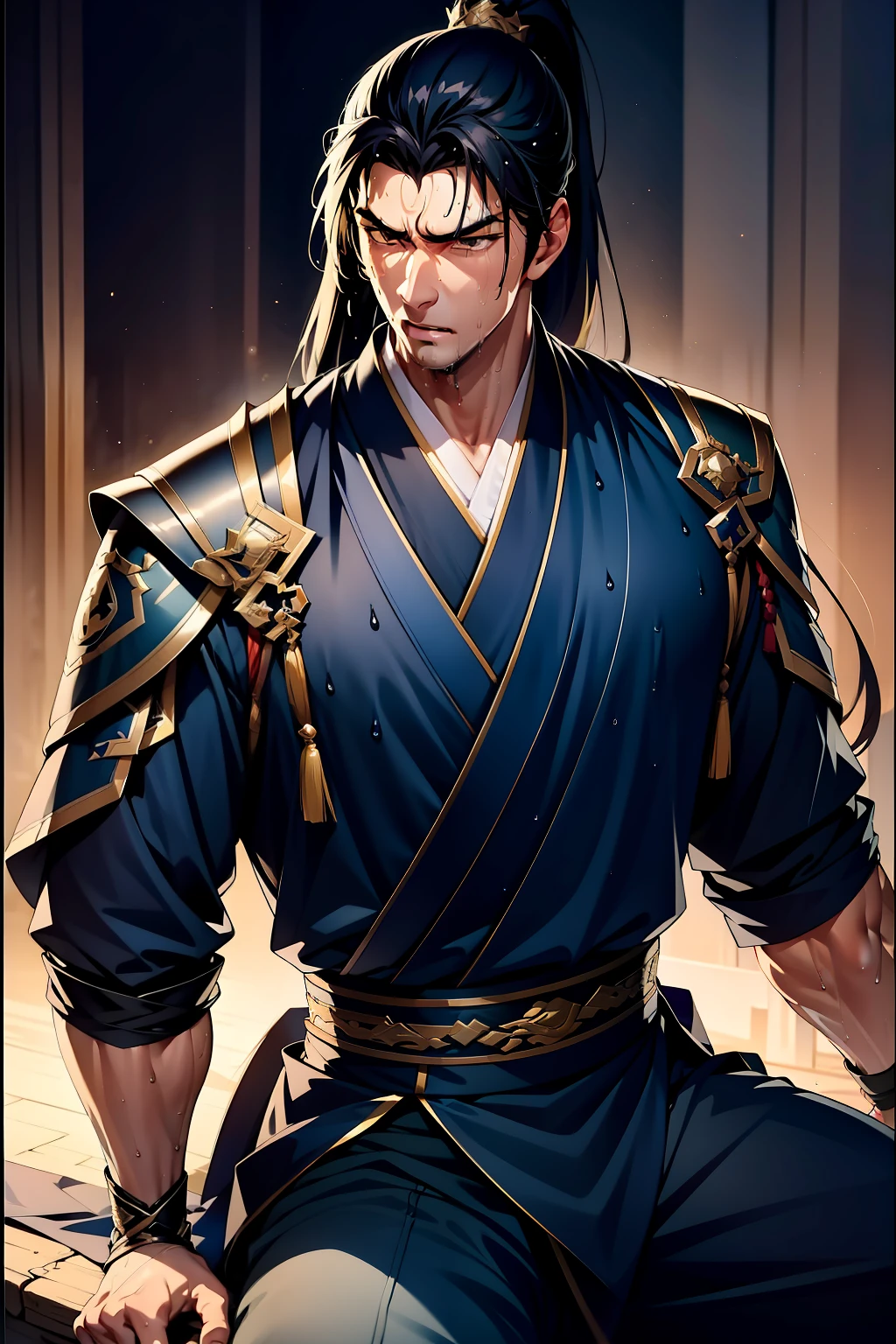 Two-dimensional, anime style, man (male warrior), muscle, correct proportions, face details, martial arts, high ponytail hairstyle, sweating, sweaty face, drooling, neck details, with Adam's apple, wet, wet, Hanfu costume, long robe, embroidered robe, dragon robe, clothing details, collar, long sleeves, game quality, swordsman demeanor, light and shadow tracing, ray tracing, detail glow, CG rendering, hair details, long black hair, golden eyes, sweaty face, handsome, handsome, sweat beads slipping down the neck, (juvenile feeling), complex clothing, wet, wet, perfect composition, refinement, high quality, more details, a lot of details, complex background, atmosphere,