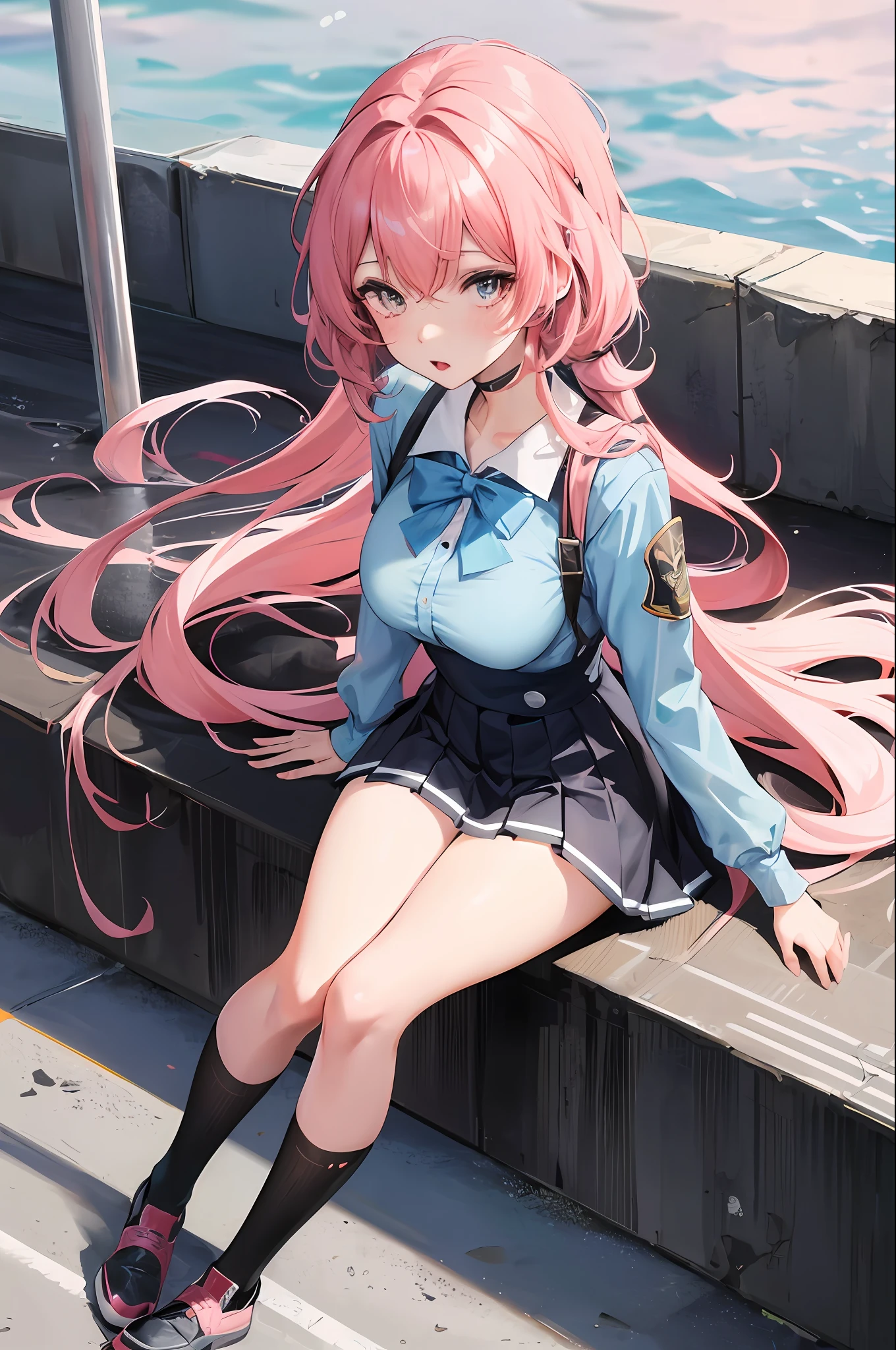 Best quality, masterpiece, super detailed details, anime beautiful girl sitting on basketball court, (short pink hair), (wearing blue shirt + white pleated skirt), black socks, ((funny expression)), from Girl Front, Girl Front style, exquisite details. Girl Front, Trend in CGSTATION, Kantai Collection Style, Gutiz Style Artwork, Gooditz, Trend in CGSTATION, Surreal Schoolgirl, Azure Lane Style, Girl Frontline CG, Seductive Anime Girl