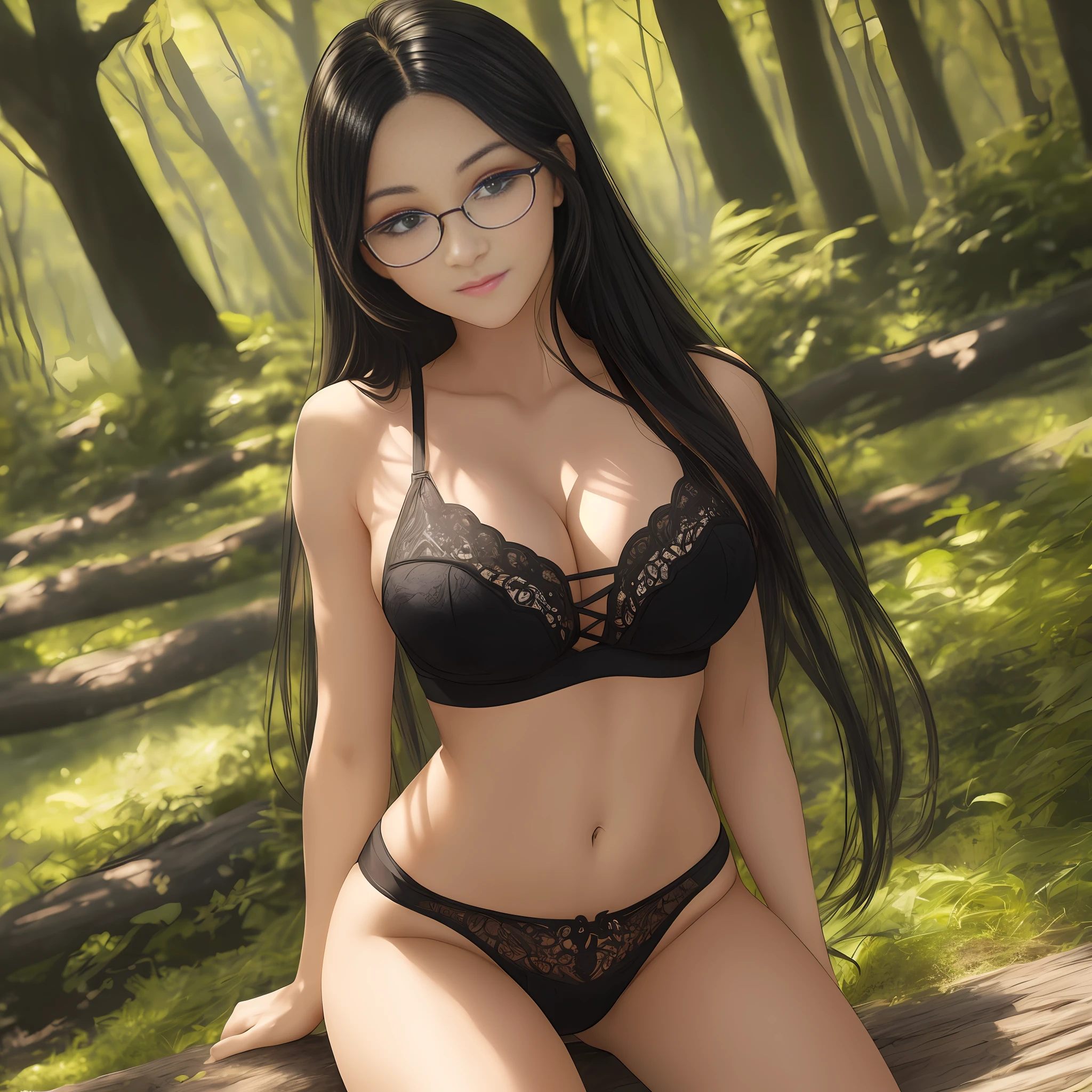 (Masterpiece: 1.2, Best Quality, Intricate Detail, Super Detail, Super Detail, Super High Definition, Best Shadow, Best Lighting, 4K), Cleavage, Nice Hips, Gym Seating, Crotch Emphasis, Both Knee Bend, White Underwear, Underwear, Tall Girl, Fair Skin, Detailed Face: 1, Glasses, Gentle Smile, Little Saggy Eyes, (Long Black Hair), Sunlight Through the Trees, Warm Lighting, Colorful