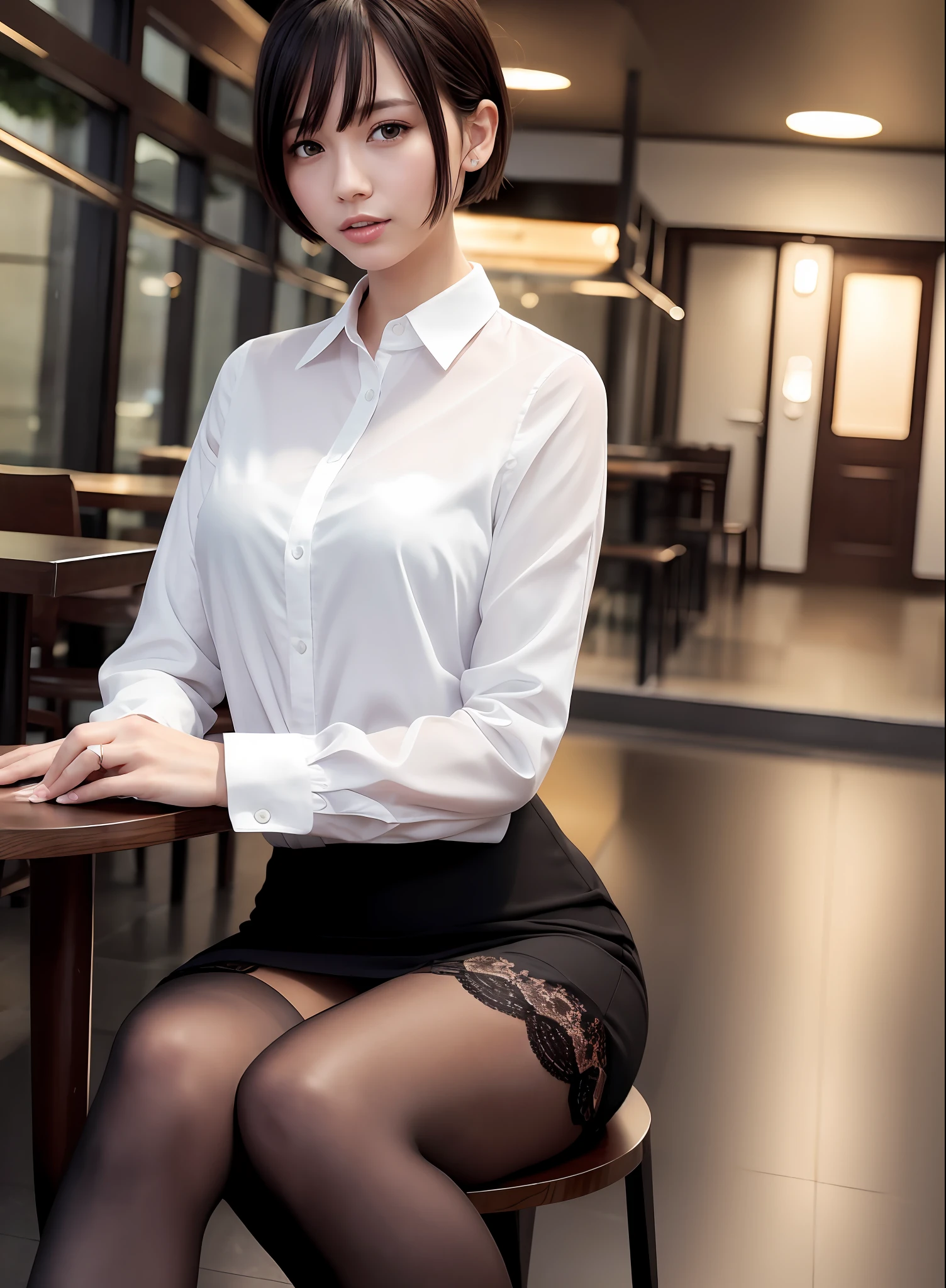 (8k, Best Quality, Masterpiece: 1.2), (Realistic, Photorealistic: 1.37), Super Detailed, 1 Girl, Cute, Alone, Beautiful Detailed Sky, Detailed Cafe, Night, Sitting, Date, ( Nose blush), (smile: 1.15), (close mouth) small breasts, beautiful details, (collared shirt: 1.1), night, wet, business wear, rain, white lace, (short hair: 1.2), floating Hair NovaFrogStyle,