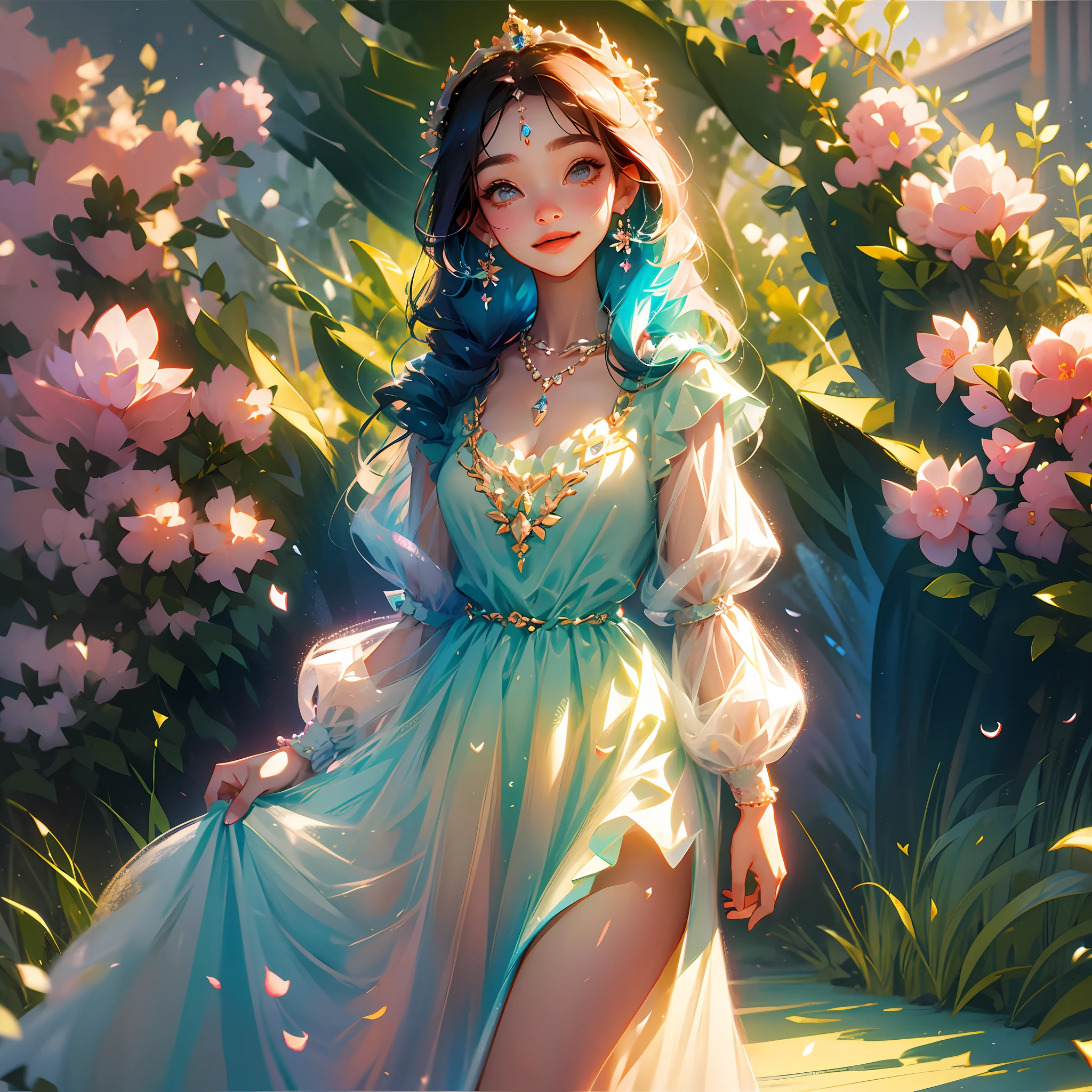 Princess, cute sweet wind, long dress, crown, long hair, jewelry necklace, standing among flowers, smiling --auto --s2