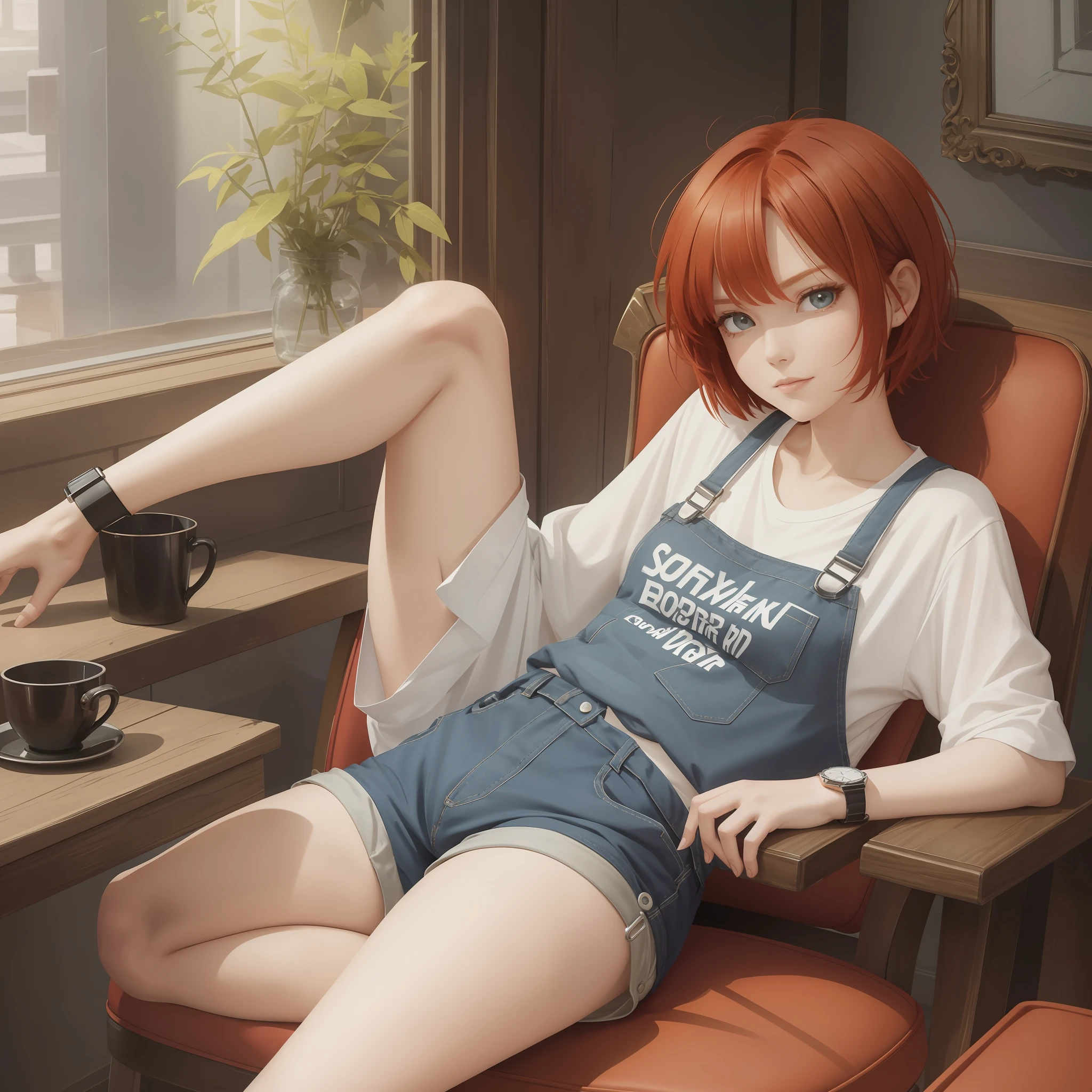 A short-haired redhead sitting in a chair, with one of her legs on the chair, she wears a pair of leg shorts, glued to her body, a baggy shirt with a sinister design, on her right wrist a watch. --auto --s2