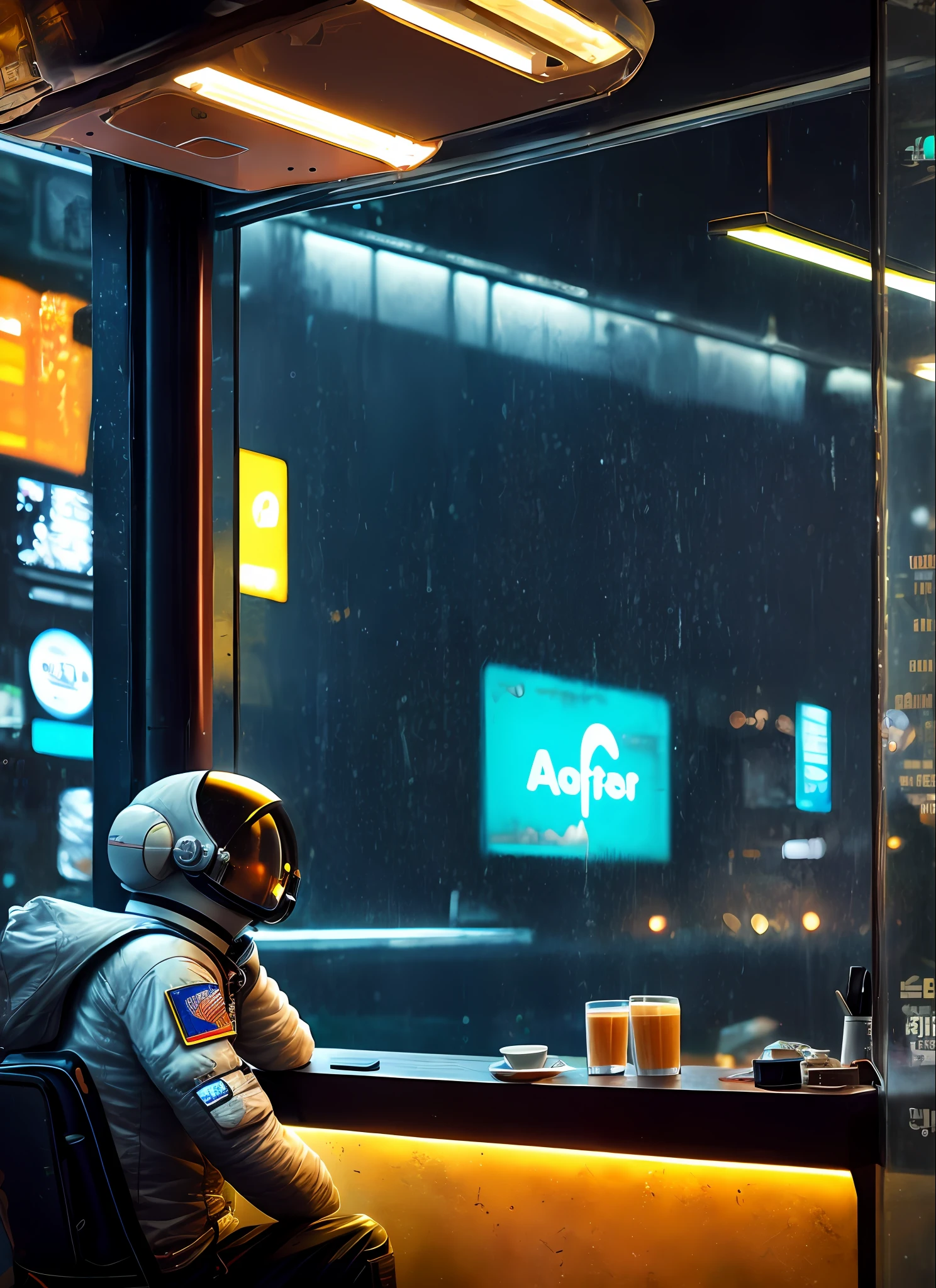 café, astronaut, cyberpunk, neon, desktop wallpaper, rain, astronaut in café, realistic, high quality, super detailed, alone, dark,