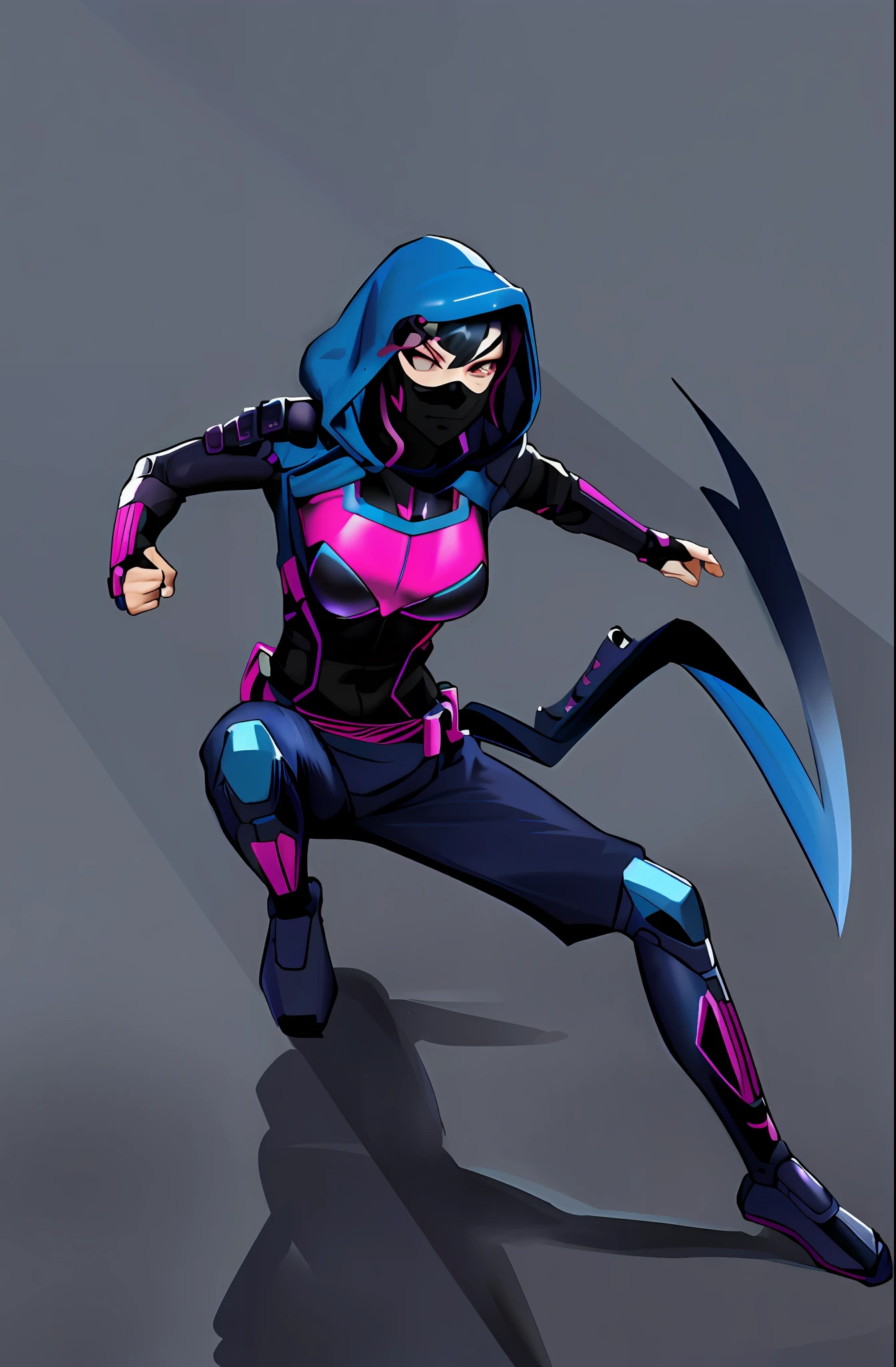 Super heroine ninja, asian woman, trans woman, tgirl, cool ninja, small blue and pink details, small breasts, mouth mask and hood, stealth character, cool ninja, 8k, shadows, dark background, vigilant super heroine, dark, cute