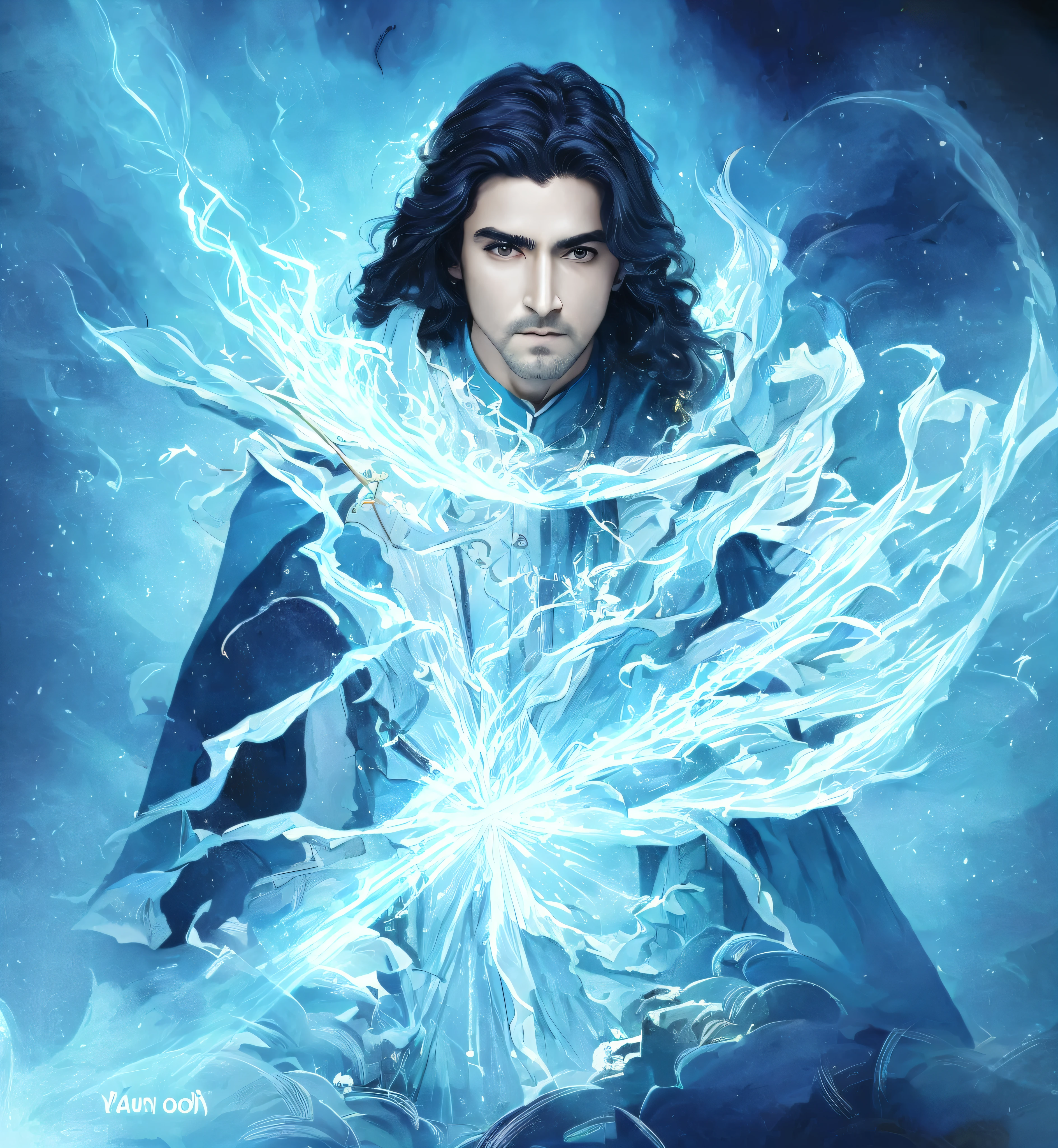 A close-up of a book cover, a man in a blue-cyan cape, album cover, Maya Ali as a Storm Wizard, Reincarnation of Fate, the only beam in the darkness