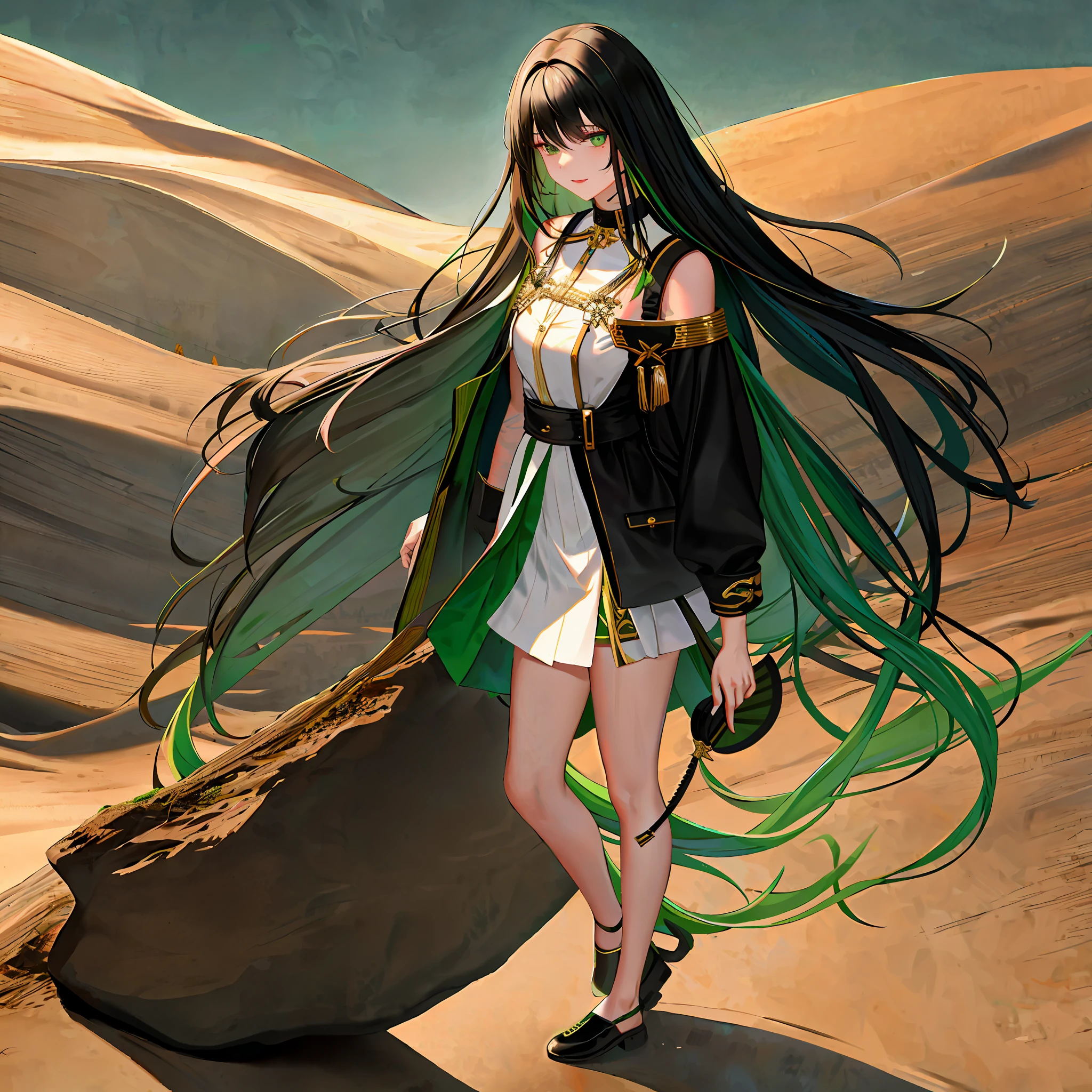 Adult female, Long black hair with a green streak down the middle, white shirt with a shoulder strap, green short skirt with gold trim, standing on a rock, facing the desert, holding a fan, beautiful face