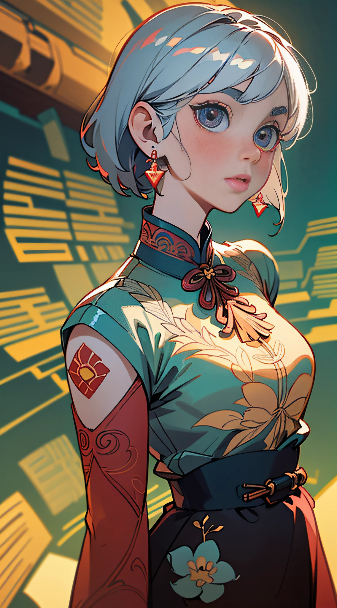 (Masterpiece, Best Quality), Masterpiece, Ultra Detailed, Super HD, High Quality, Highest Quality, 32k, ((Delicate Beautiful Face, Super Pretty)), ((Super Delicate Big Eyes, Focused Eyes))), Maiden in Cheongsam, Red Cheongsam, Epic Composition, Short Silver Hair, Gorgeous Costumes, Intricate Design, Hair Accessories, Earrings, Walking on the Street, Night, Charming Expressions, Upper Body, Close-up, Amazing Facial Features, Flowing Short Hair, Neck Exposed, Complex Design, Simple Background, Background blur, stunning lighting, C4D, OC rendering, movie edge light, fine light,