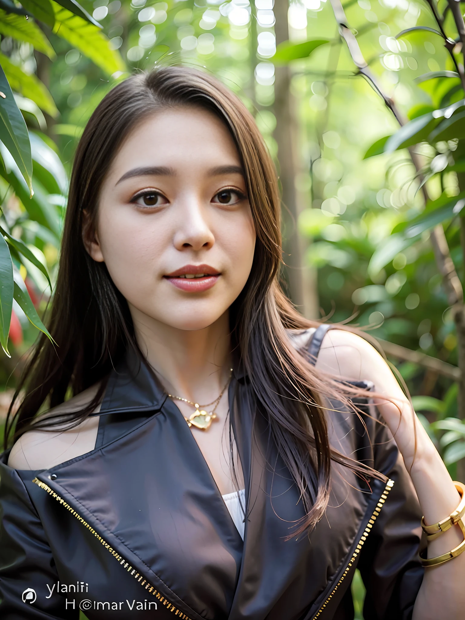 there is a woman that is standing in the woods with a cell phone, 2 , in front of a forest background, 2 7 years oldanthara, 2 9 years old, dang my ltaken in 2 0 2 0, 2 3 years old, mai anh tran, a younan