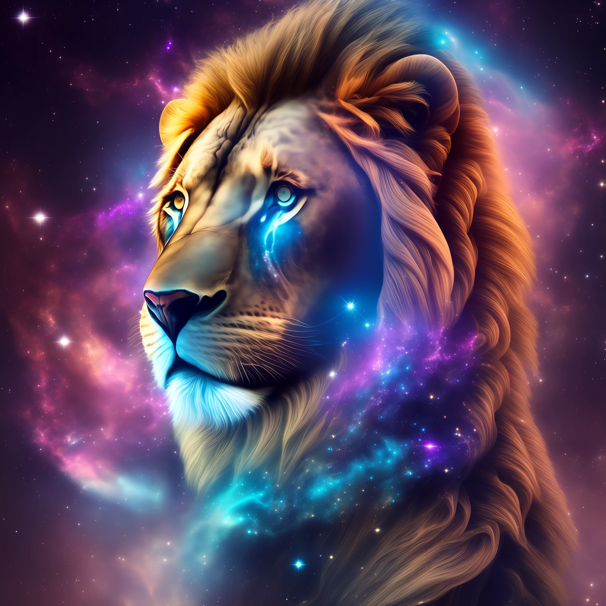 a photograph Galaxies, spirals, space, nebulae, stars, smoke, iridescent, intricate detail, in the shape of a lion, octane rendering, 8k hyper realistic, realistic texture, unreal natural lighting engine, cinestill 800, (35mm lens) --auto --s2