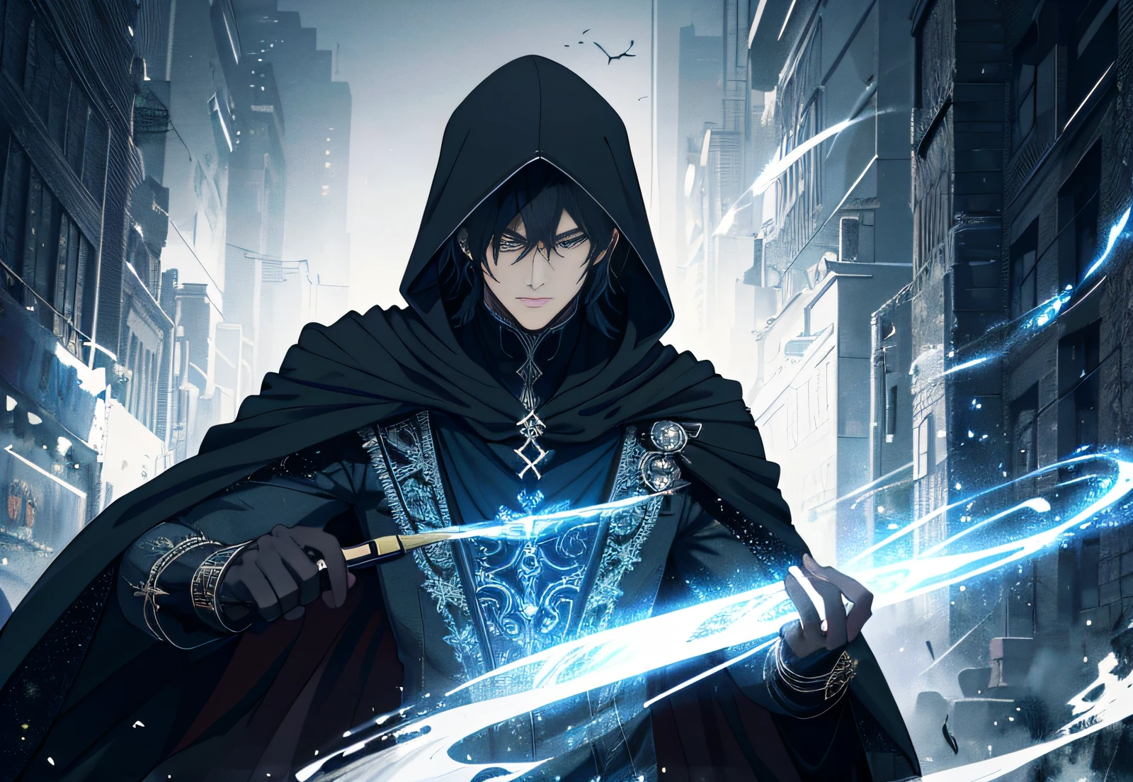 (Very detailed 8k wallpaper), a medium photo of a male magician, intricate, highly detailed, dramatic, with a black figure looming in the gray mist behind him, with a dark cloak hood and a face exposed.