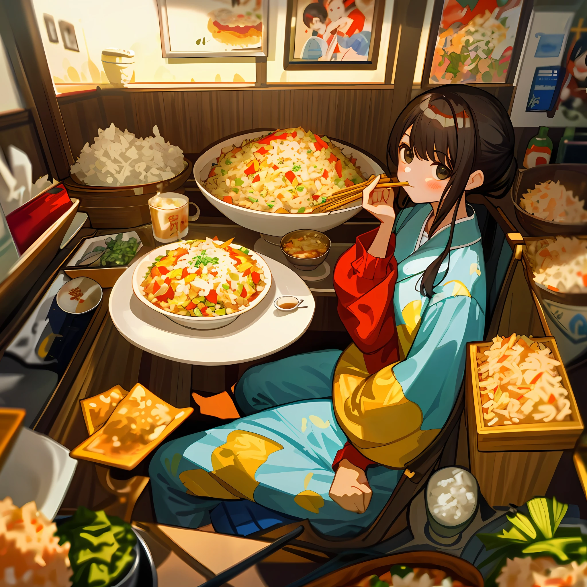 1 girl, loungewear, eating, solo, fried rice, viewers