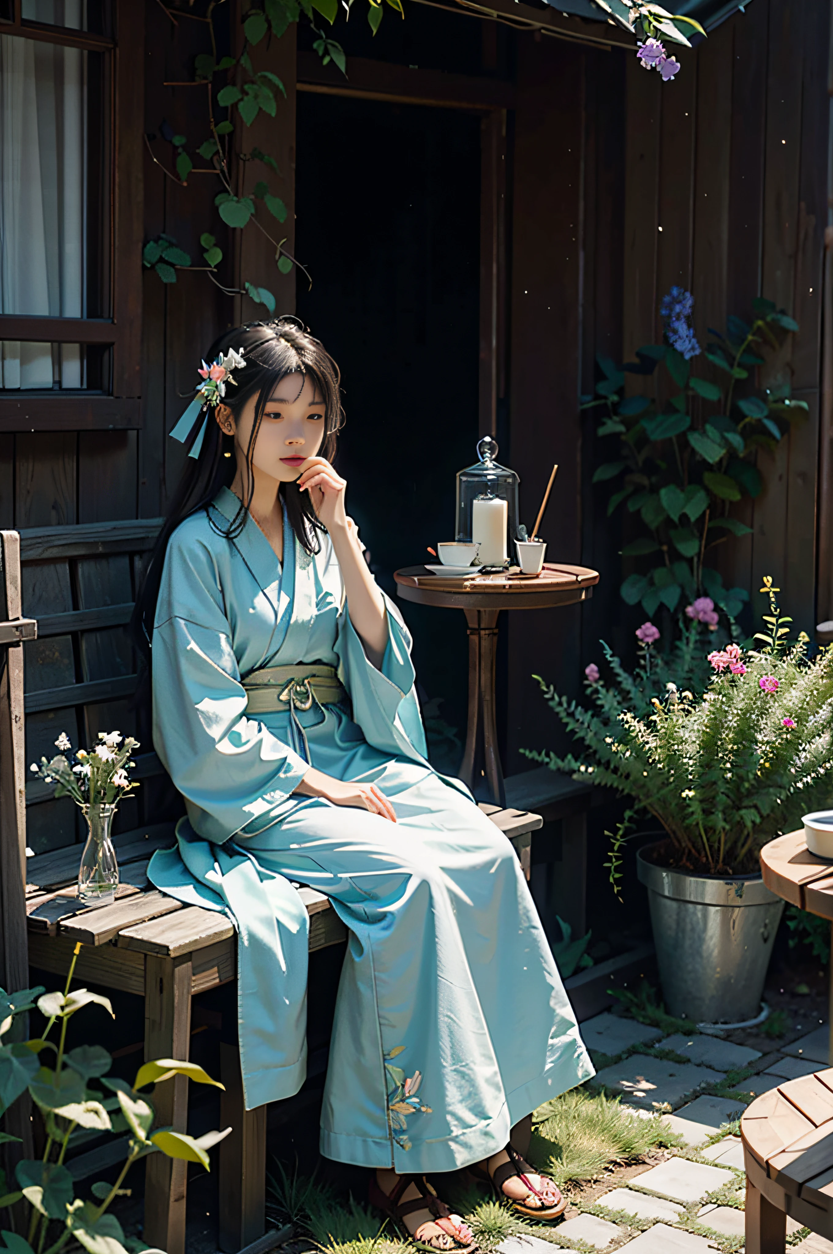 late evening，Small wooden building，A sad girl，Beautiful girl，Wear a modified light Hanfu，There are futons on the floor，She sits on a futon，Leaning against the wooden railing，Holding a few tiny wildflowers in his hand，Look up at the crescent moon and clouds in the sky，There was a low table in front of her，There was a jug of wine on the low table，There is a white porcelain shot glass，There is a small incense burner for incense，A wisp of green smoke wafted from the incense burner，Bring a burst of aroma，Small downstairs is a courtyard，There are vegetated flower paths in the courtyard，Several plane trees were planted around the courtyard wall，（（ancient wind）），（（Chinese wind）），scene graph，Vision，delicate，8K