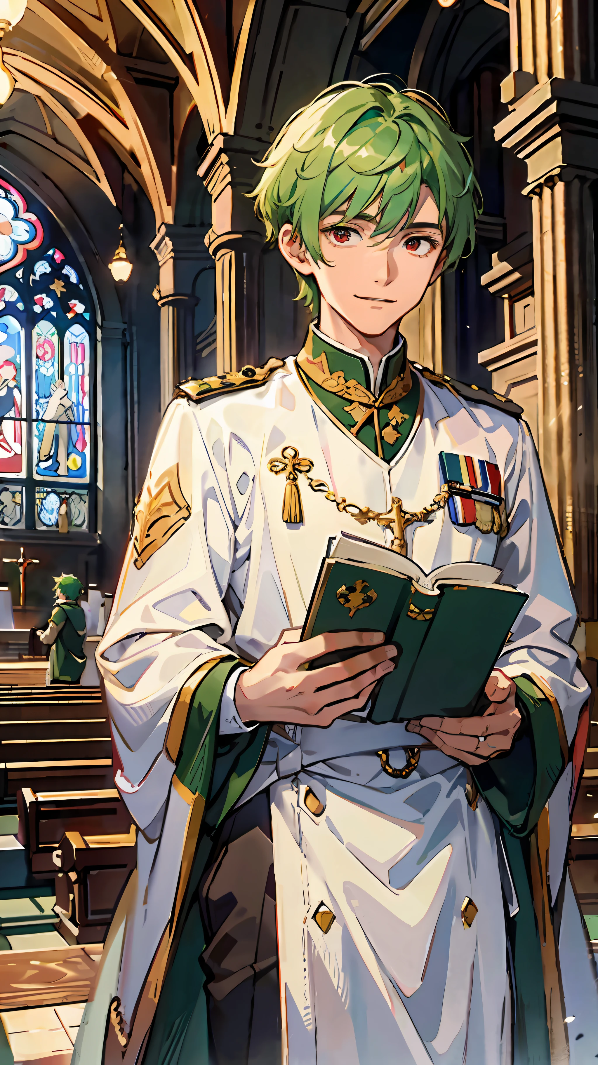 (Masterpiece: 1.4, highest image quality)),two young men facing each other in church ,and
highest image quality, extremely cute and beautiful 2young mens,(beautiful young man very short blonde hair and red eyes and military uniform:1.2),and highest image quality, extremely cute and beautiful 2young mens,(cute young man and green hair and big eyes and white clergy robes:1.2) ,dynamic pose,smile