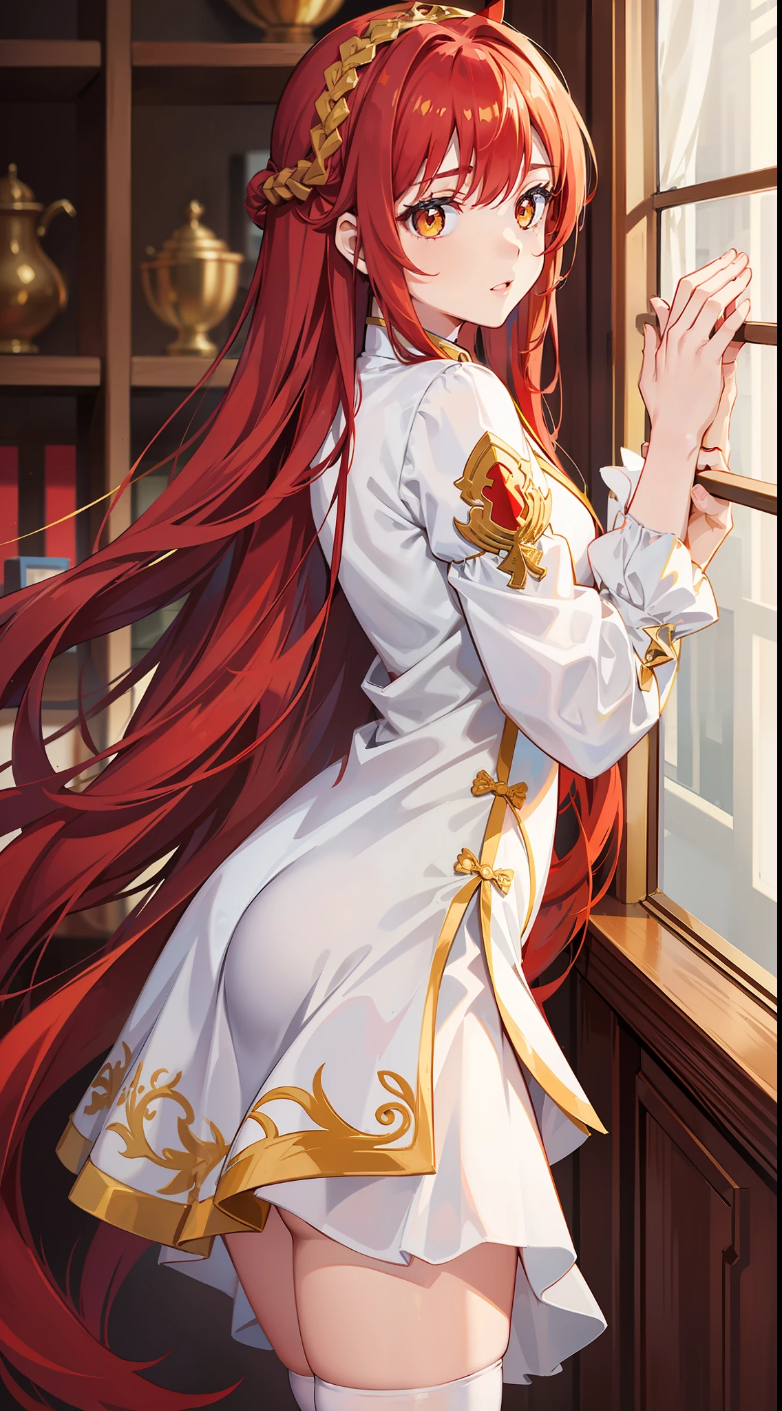 Young girl, long red hair, yellow eyes, white and red Chinese dress, tight dress, tight sleeves, tights, shorts, masterpiece, high quality