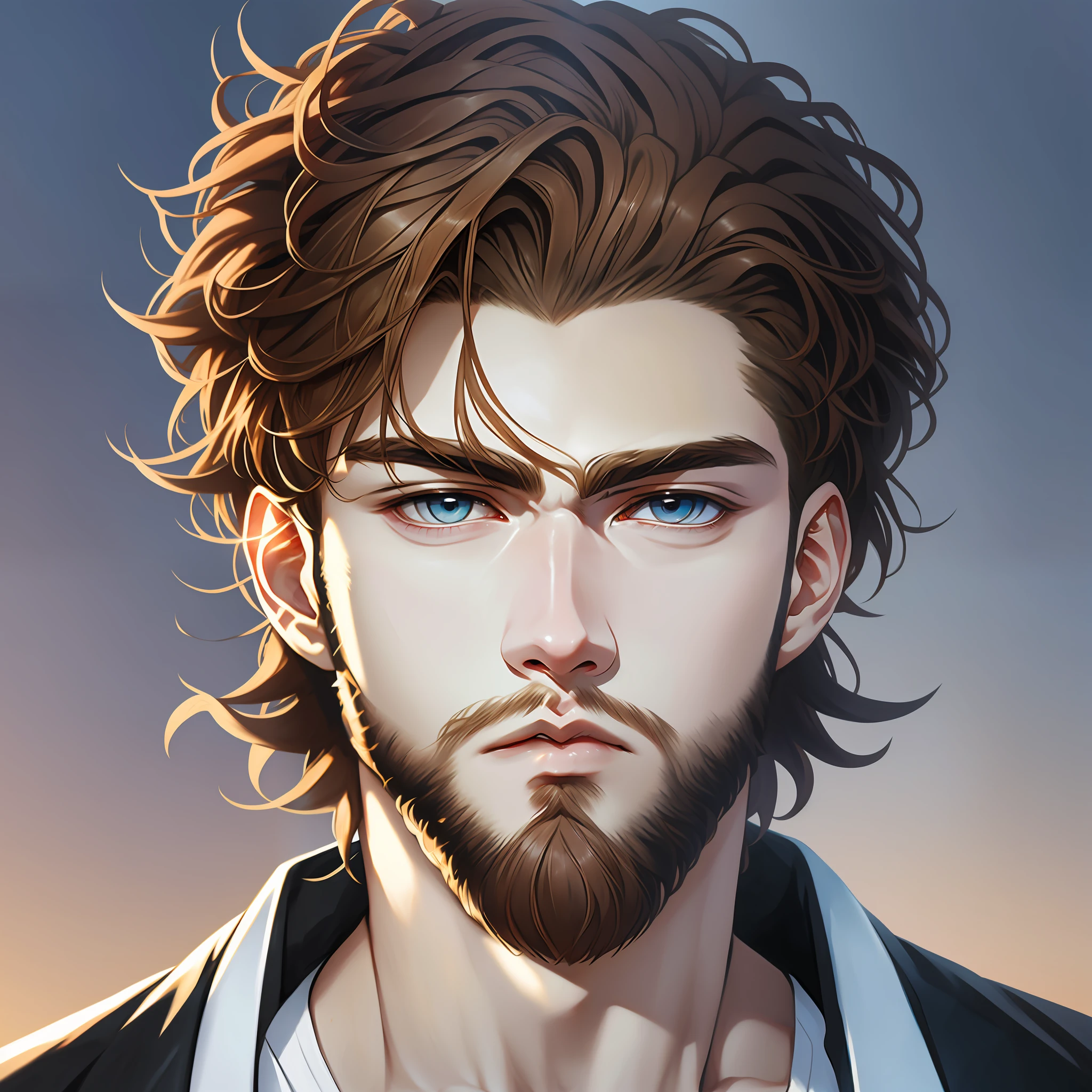 Superior quality, anime style, anime image, man (light brown hair with modern and spiky cut, light eyes, white skin, with beard), only the face, wearing high school clothes. --auto --s2