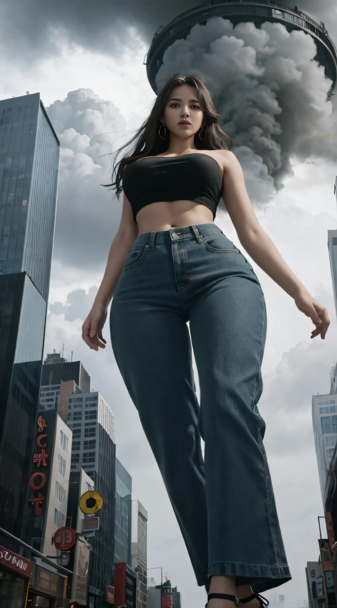 "A towering giantess dressed in a cool, laid-back hippie style, sexy, is swinging a crop top and loose pants. Her toned and athletic figure hints at her great strength. She seems to wander carelessly through the bustling cityscape of GTS City, with towering buildings looming overhead. Smoke and clouds rage around her, adding to the epic sense of scale and drama. The lighting is dark, gloomy, and realistic, creating a tense and ominous atmosphere. From below, the perspective emphasizes the pure majesty and power of the giantess.